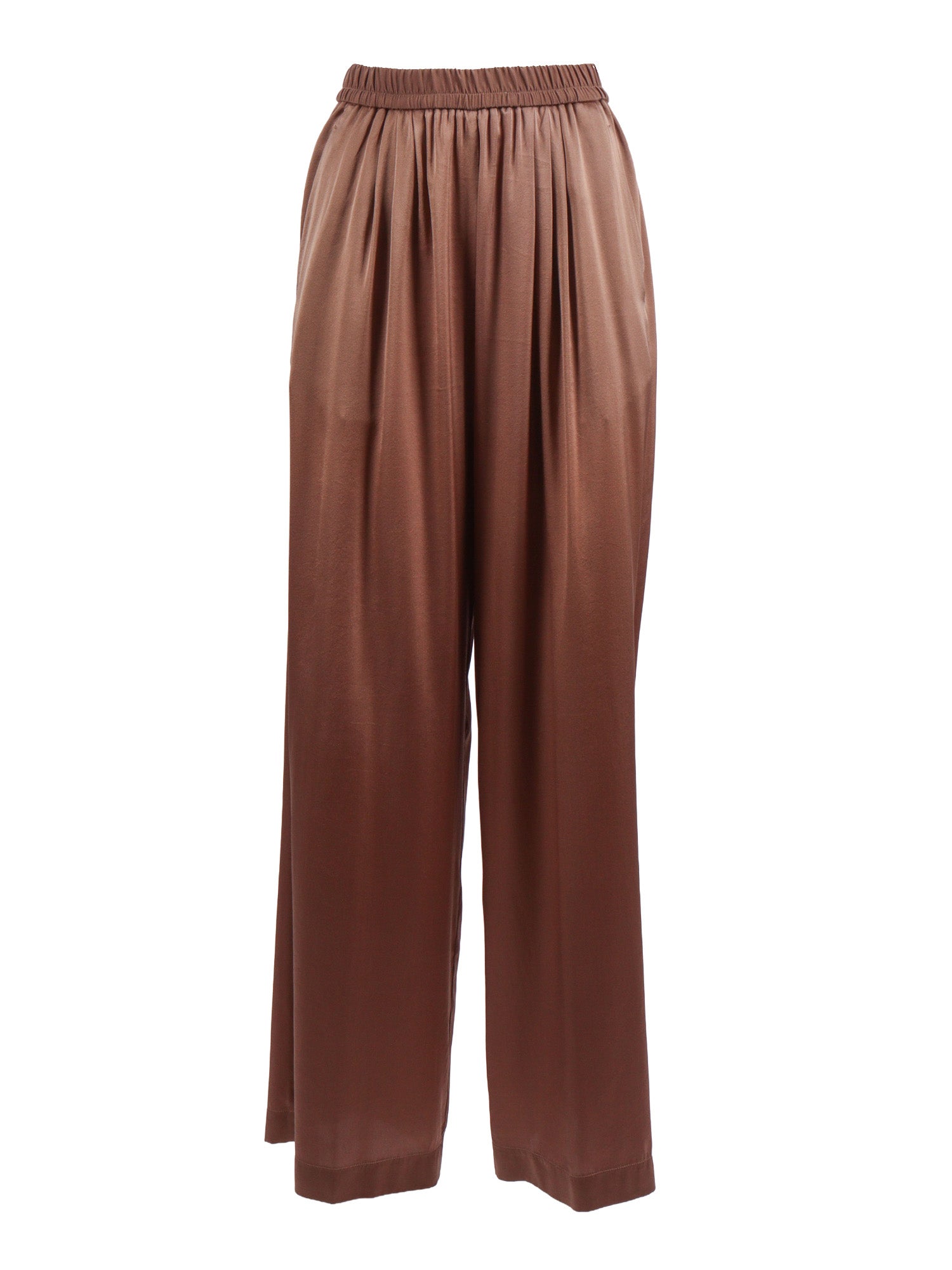 Loose Elasticated Trousers Shiny Stretch Silk Satin Brown Elastane