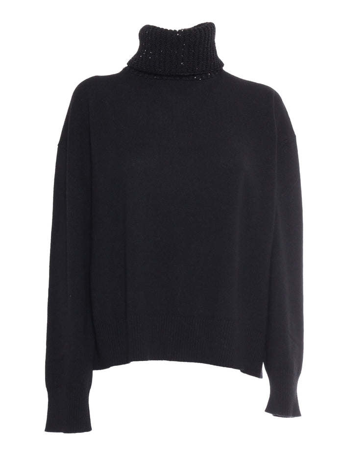 Turtle Neck Sweater With Sequin Collar Black Virgin Wool Silk Cashmere Turtleneck