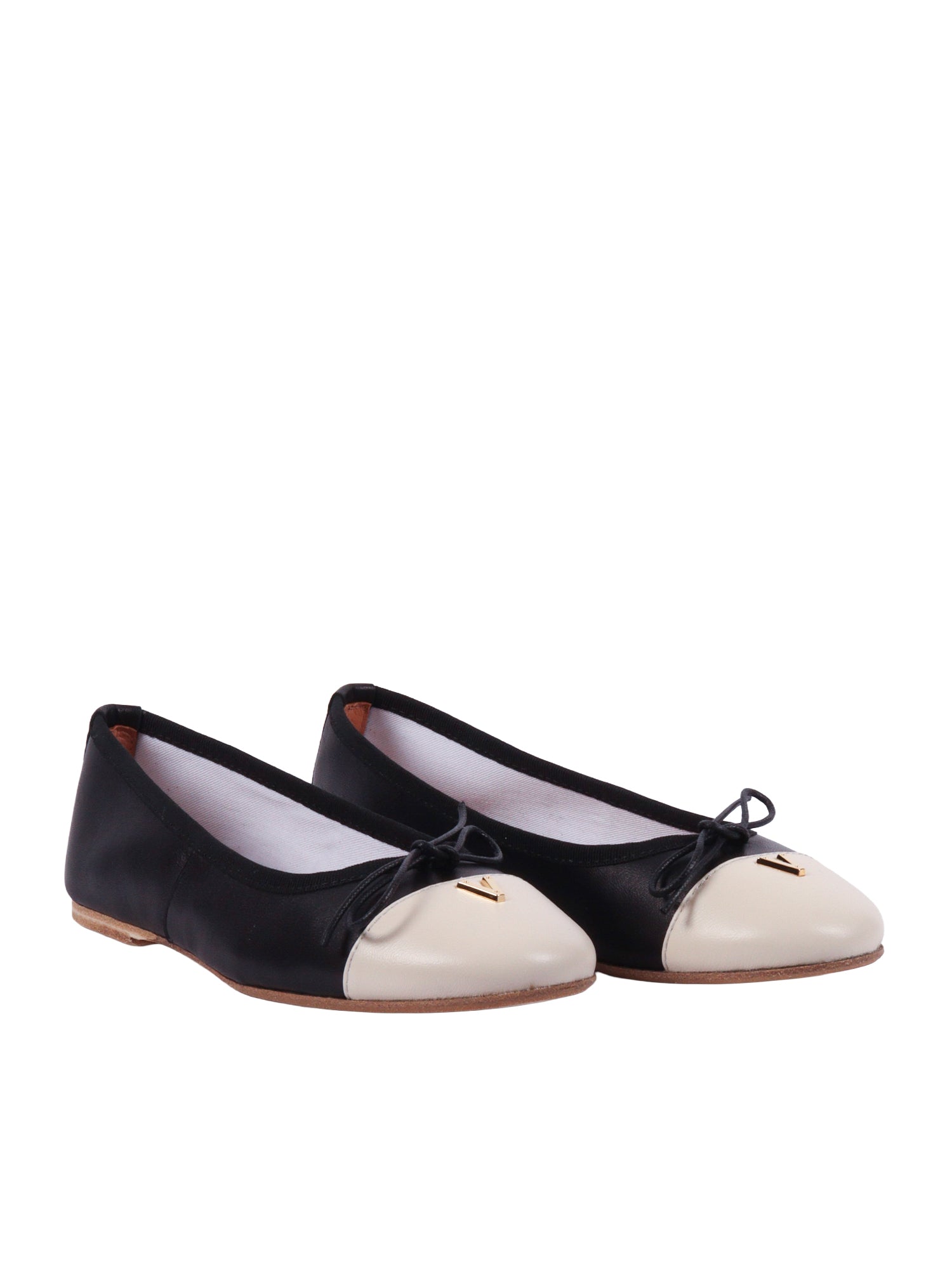 Ballerina With V Black Leather Sole Rubber Flat Shoes