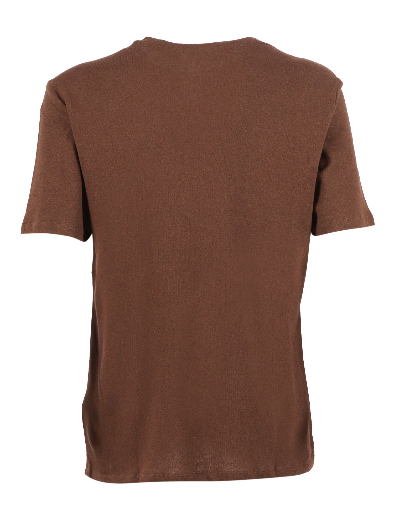 Short Sleeve Round Neck T-Shirt Brown Cotton Linen Sleeves
