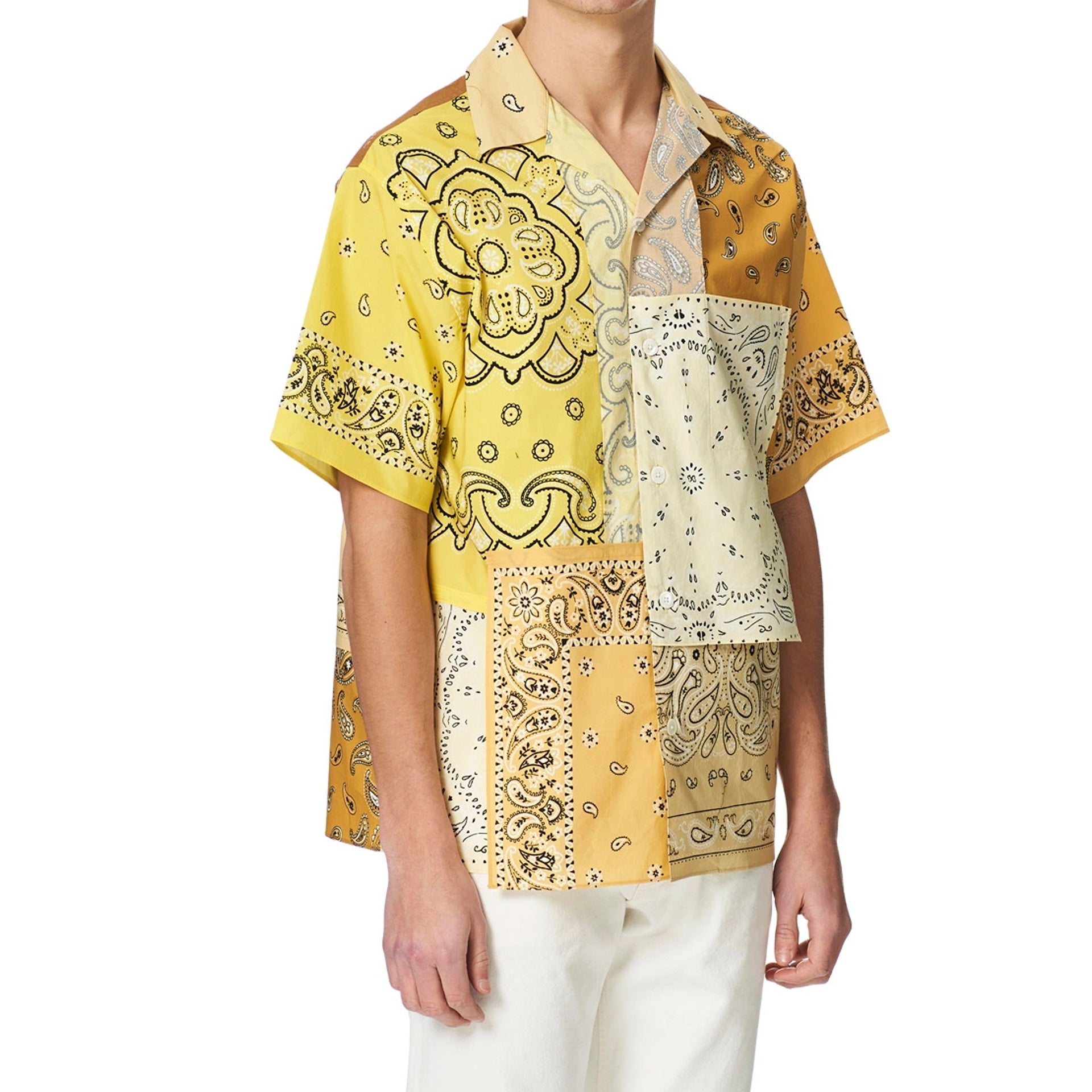 Patchwork Short Sleeves Shirt Yellow Cotton