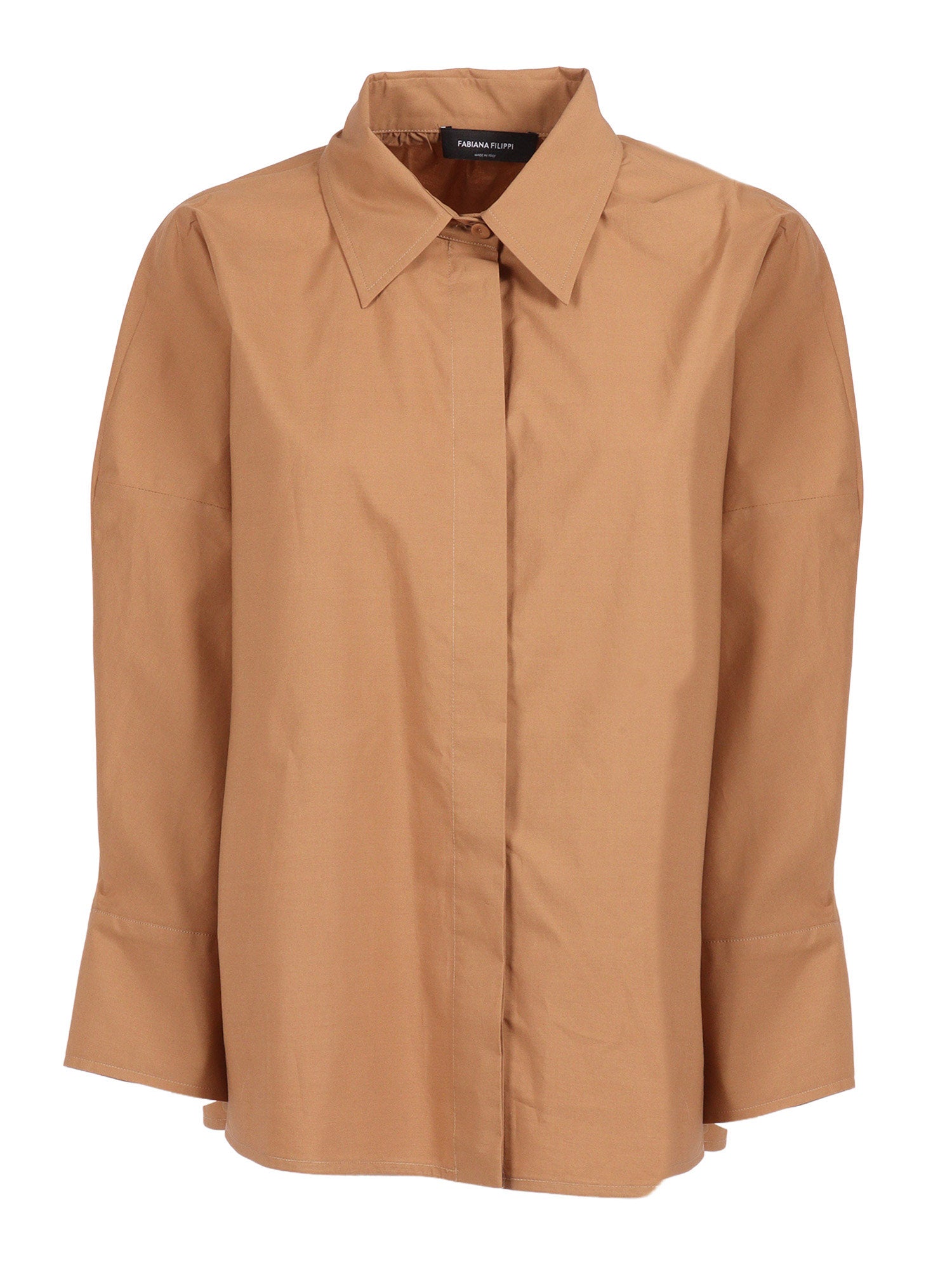 POPLIN 3-4 SLEEVE SHIRT WITH TULLE AND FILO DIAMANTE DETAIL Beige Cotton Blouse