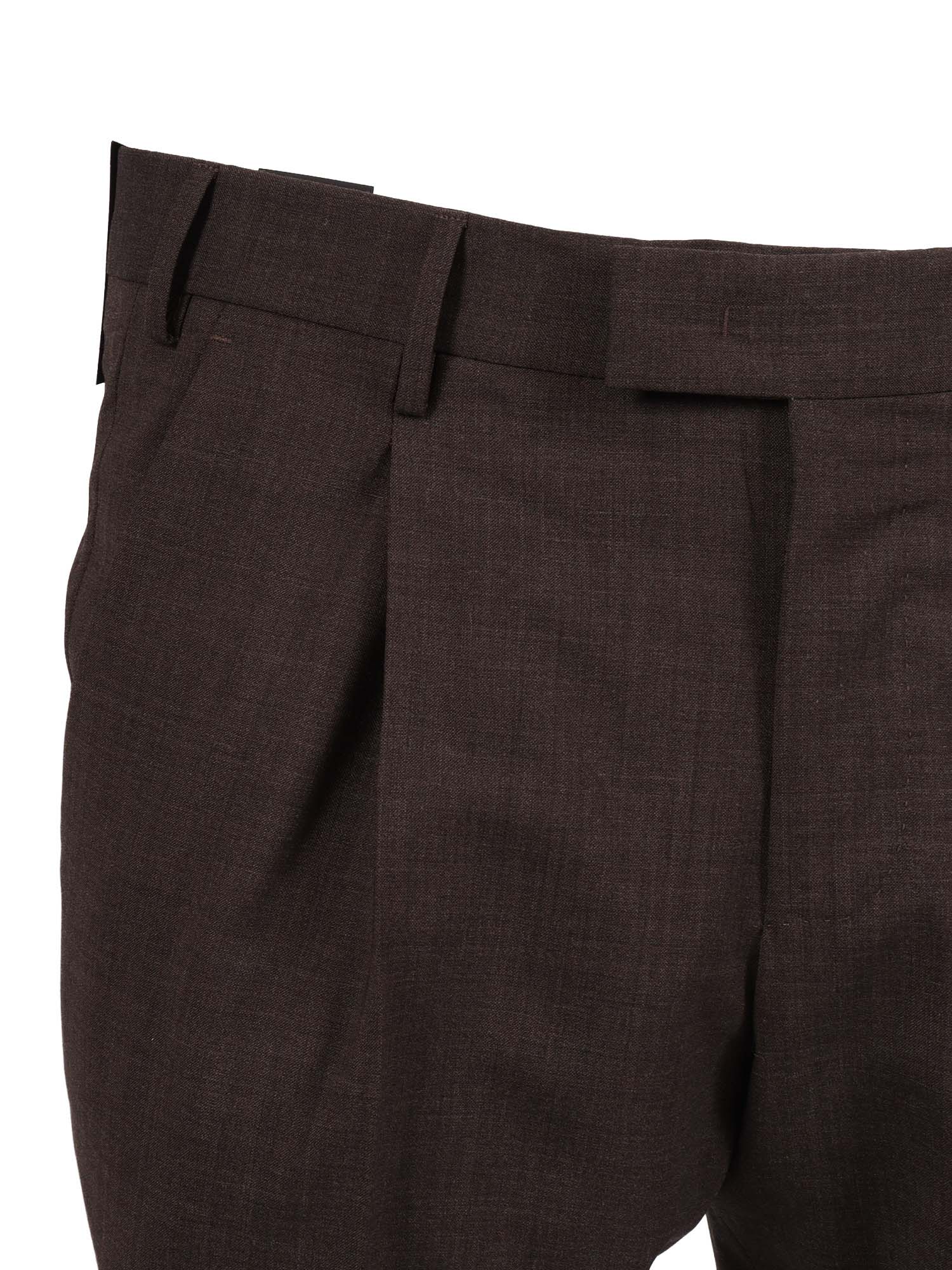 MASTER, 1 Pleat, Diagonal Pockets, Flap Back Turn-Up Brown Virgin Wool Elastane Pant