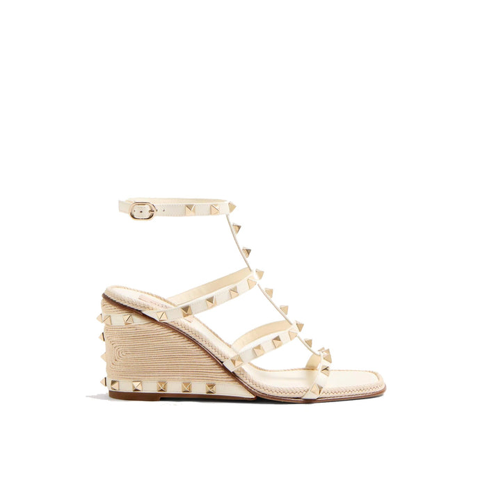 Garavani Rockstud Wedge Sandals Ivory Calf Leather
