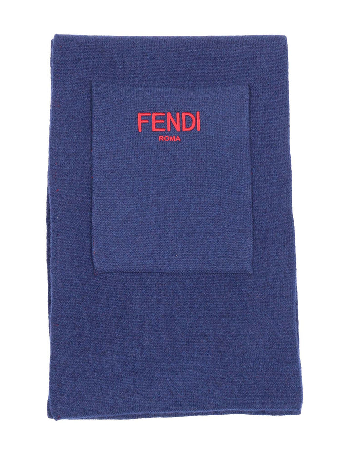 Double Ff Reversible Scarf Blue Wool Cashmere Polyamide