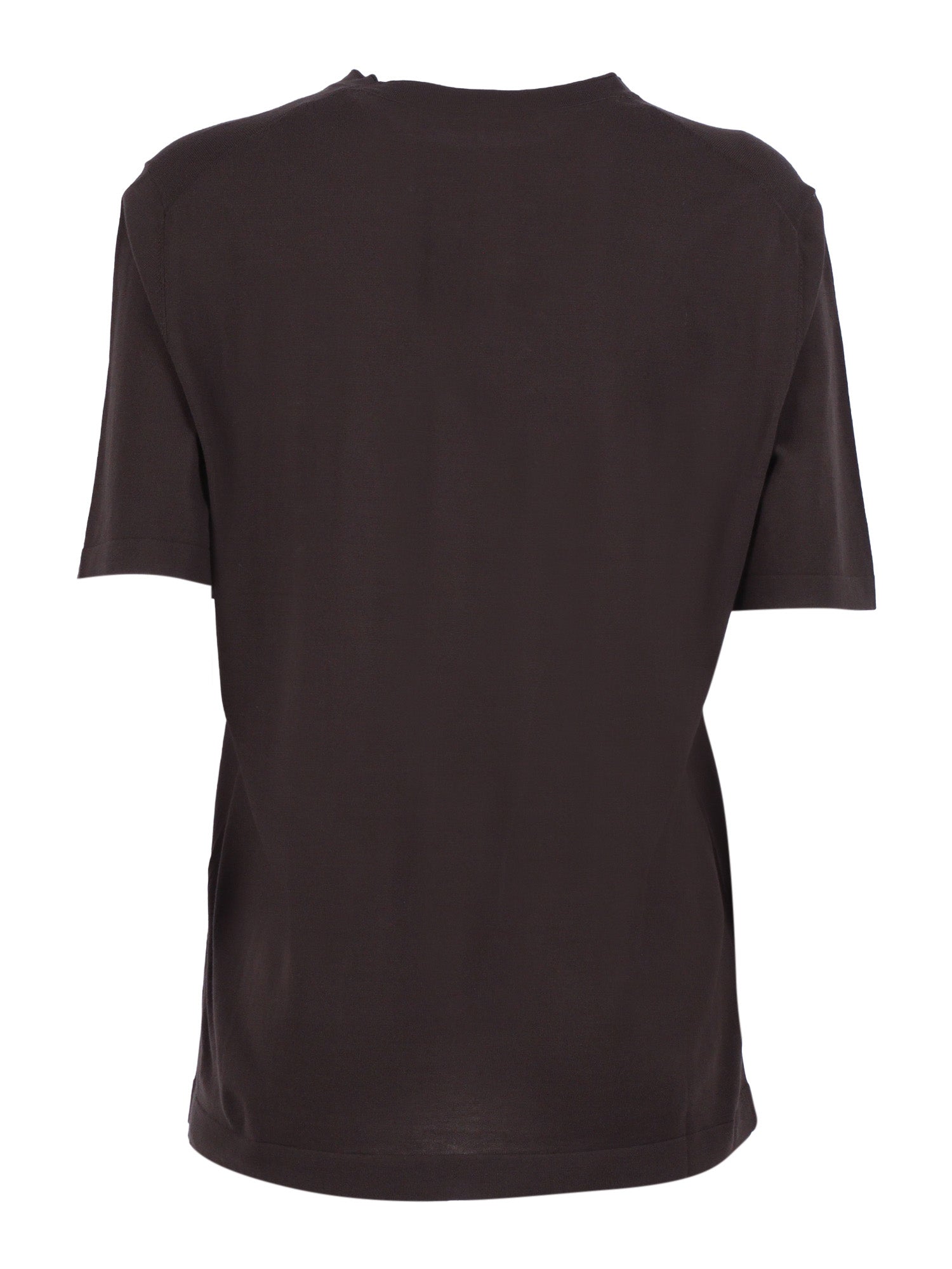 Short-Sleeved Fully-Fashioned Crew Neck Sweater Brown Cotton Crewneck