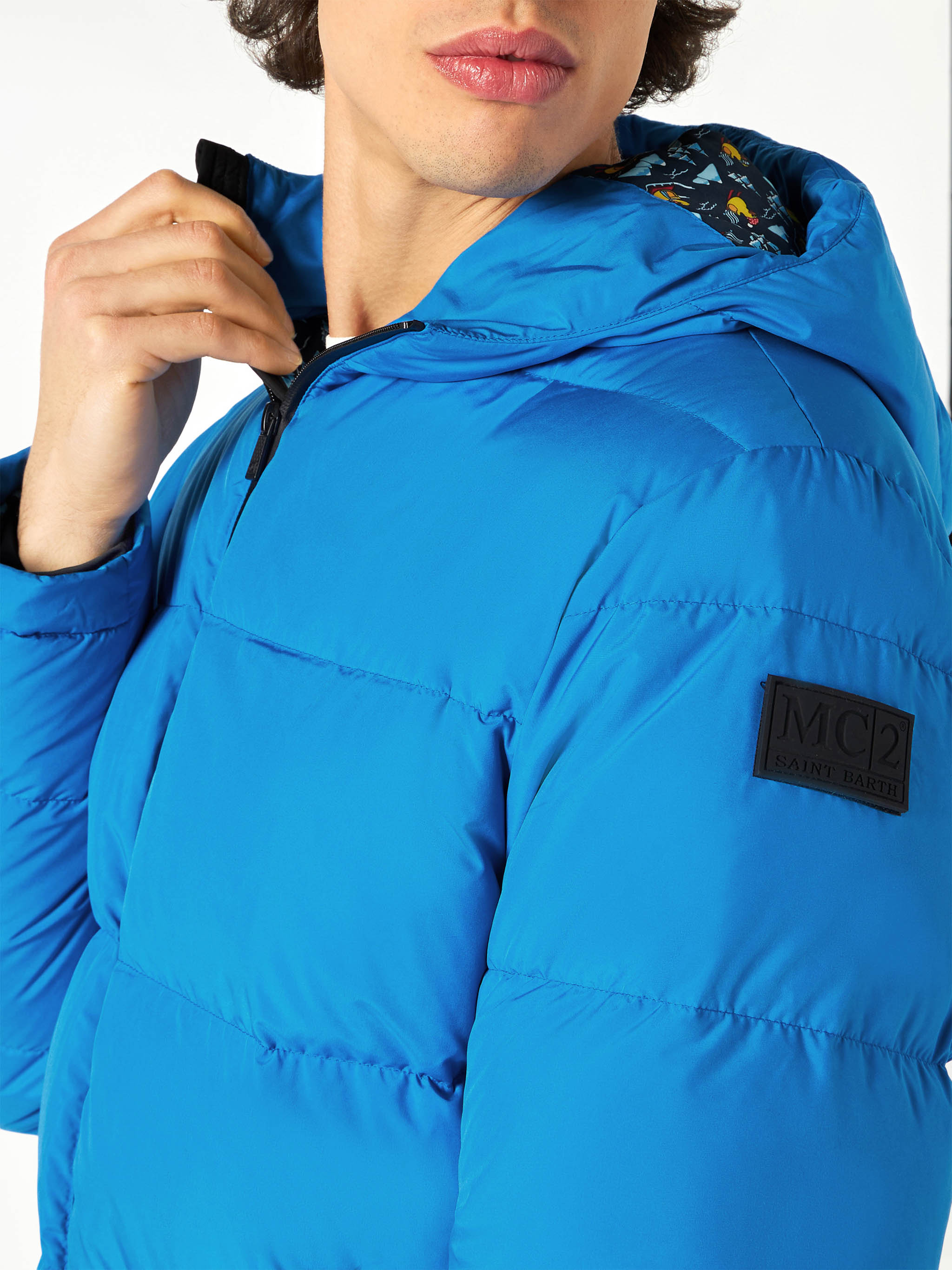 Bluette Hooded Down Padded Jacket Ducky Print Lining Blue