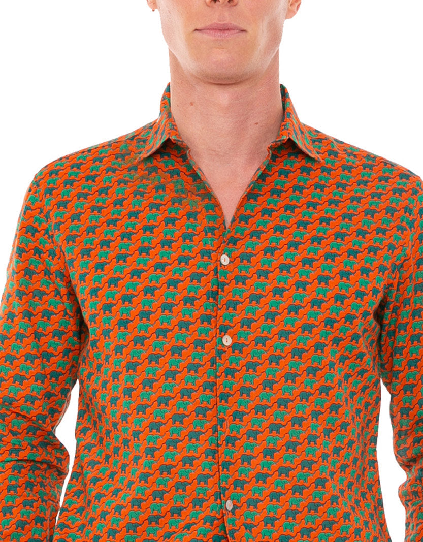 Man Muslin Cotton Sikelia Shirt With Elephant Print Orange