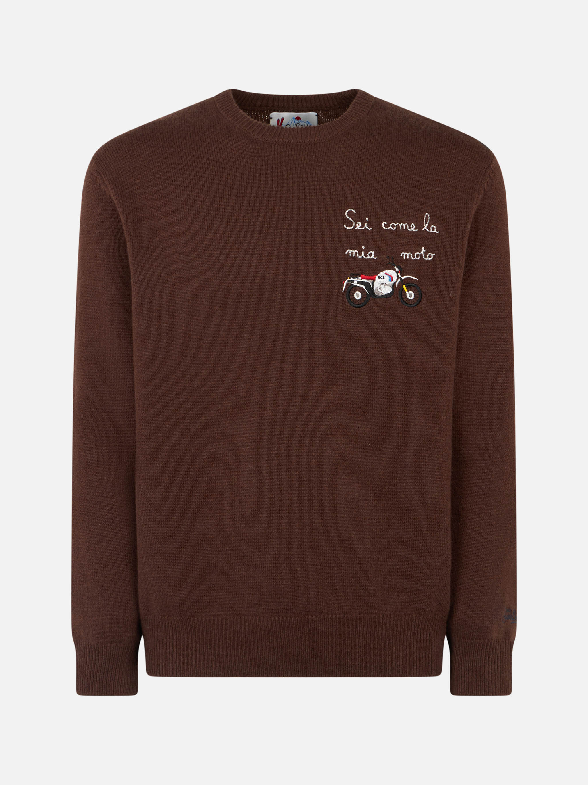 Man Crewneck Sweater With Sei Come La Mia Moto Embroidery Brown