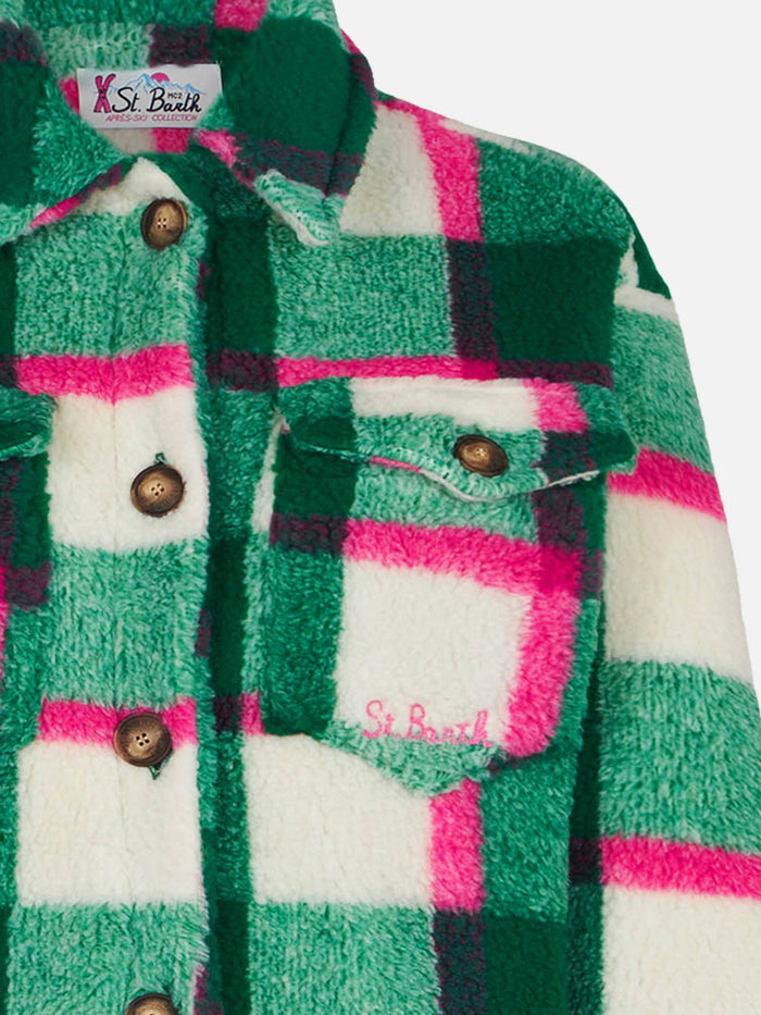 Girl Sherpa Overshirt With Tartan Print Jacket