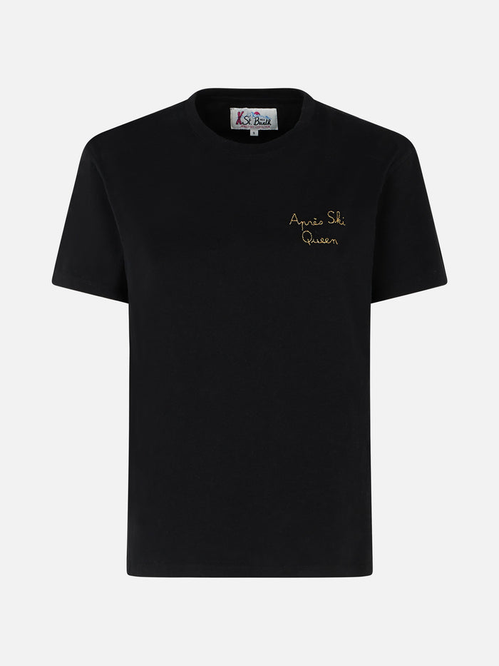 Emilie Black Cotton T-Shirt With Apres Ski Queen Embroidery