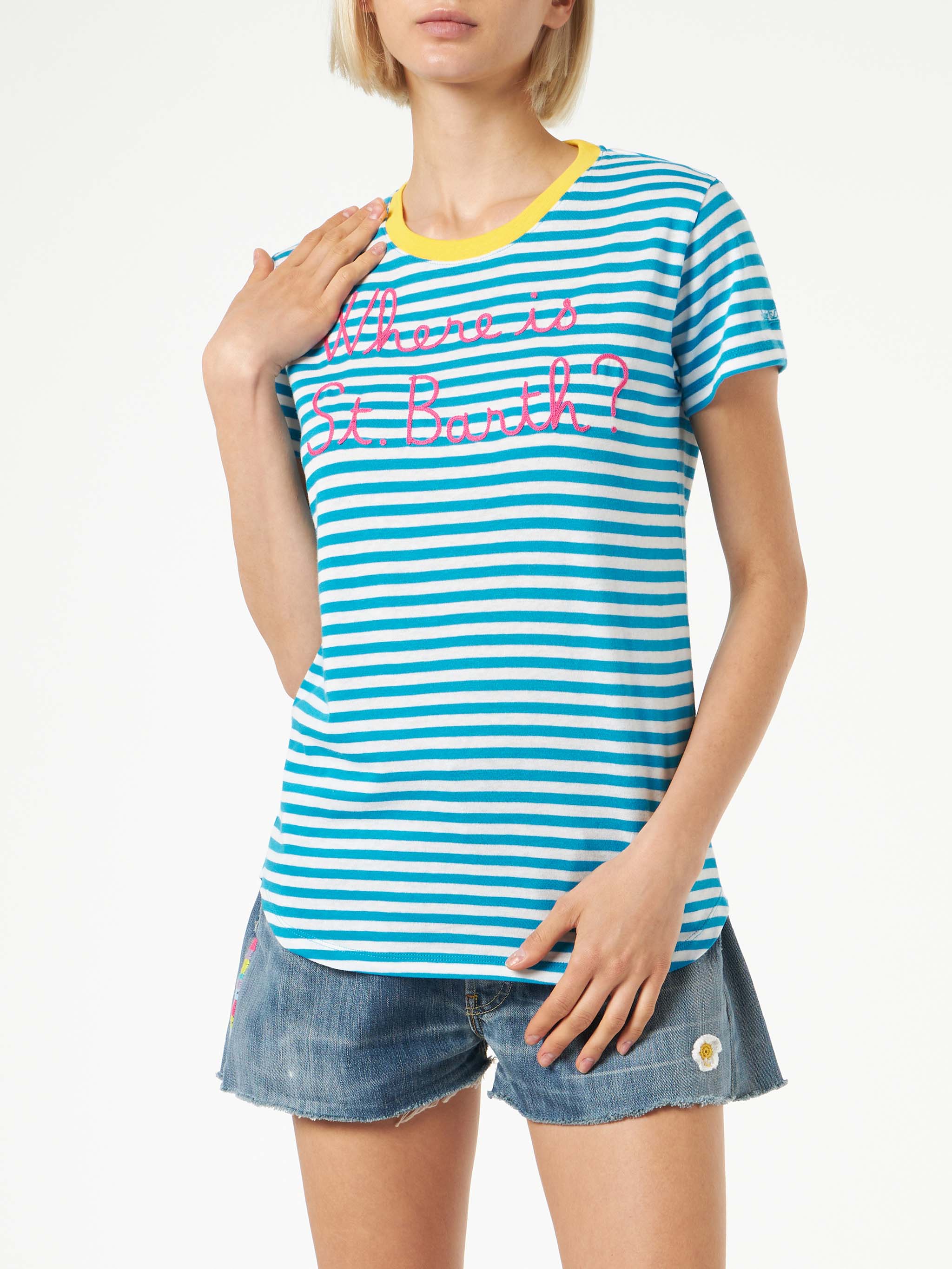 Bluette Cotton T-Shirt With Where Is St. Barth? Embroidery Blue