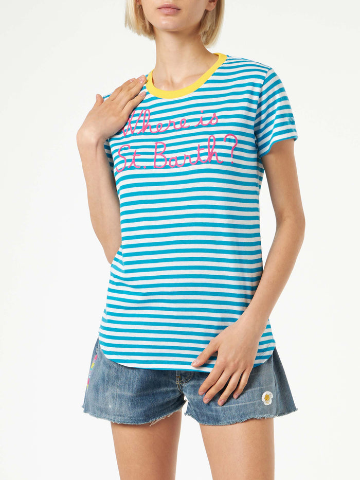 Bluette Cotton T-Shirt With Where Is St. Barth? Embroidery Blue