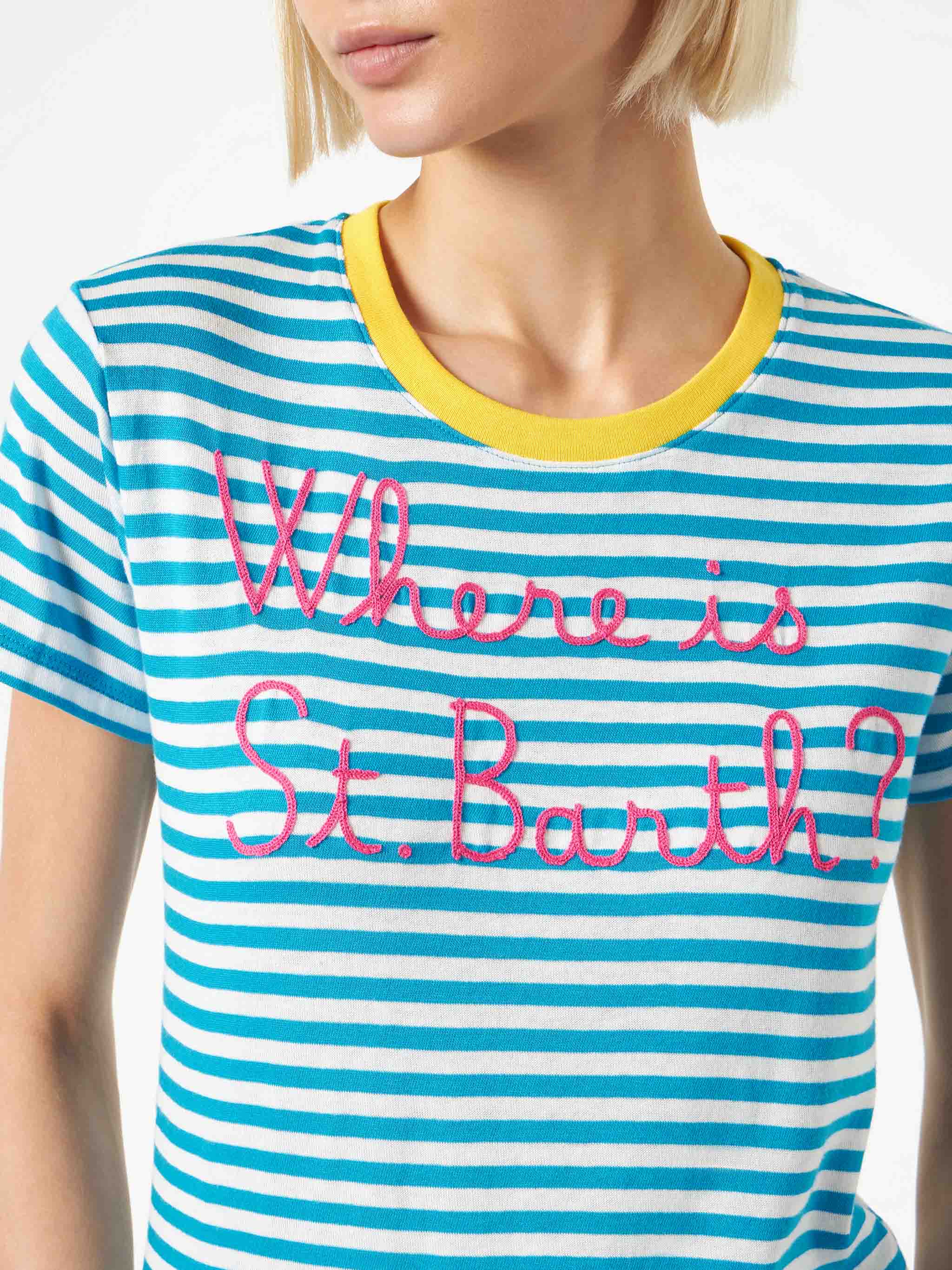 Bluette Cotton T-Shirt With Where Is St. Barth? Embroidery Blue