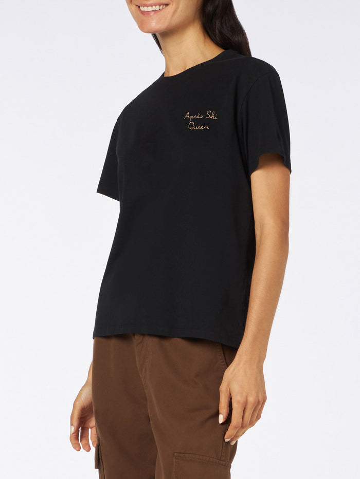 Emilie Black Cotton T-Shirt With Apres Ski Queen Embroidery