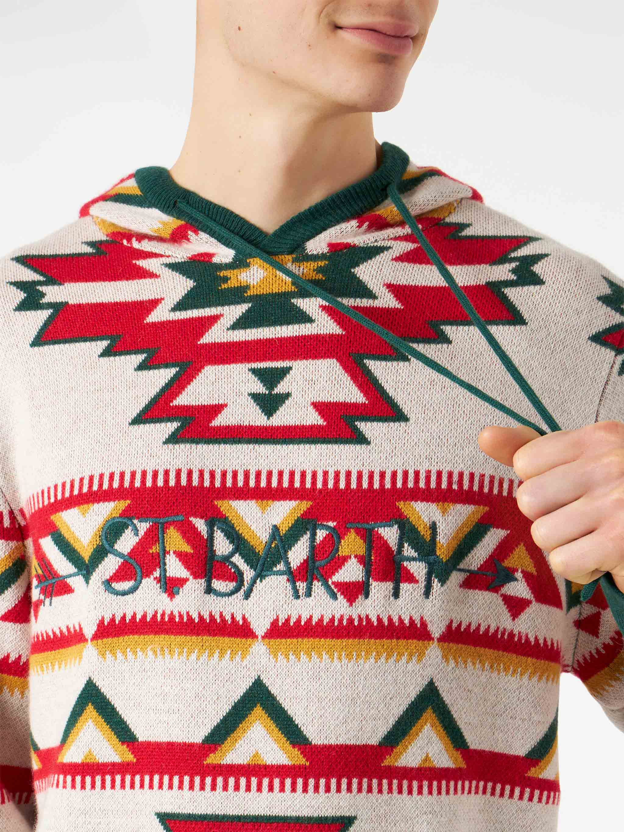 Man Hooded Knit With Ethnic Pattern White Knitwear