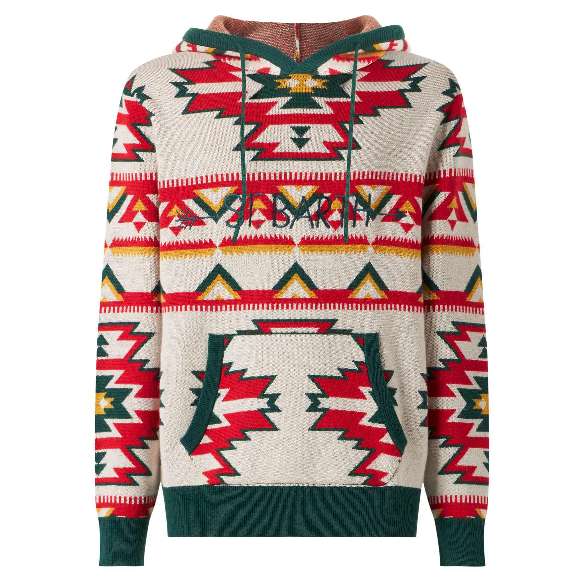 Man Hooded Knit With Ethnic Pattern White Knitwear