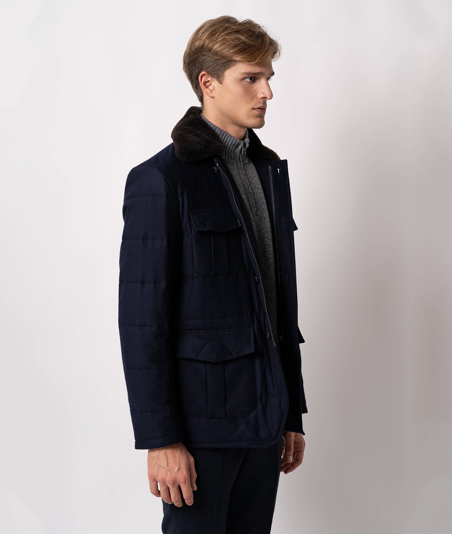 Cashmere Quilted Jacket Ortles Blue Sportwear Short Coat