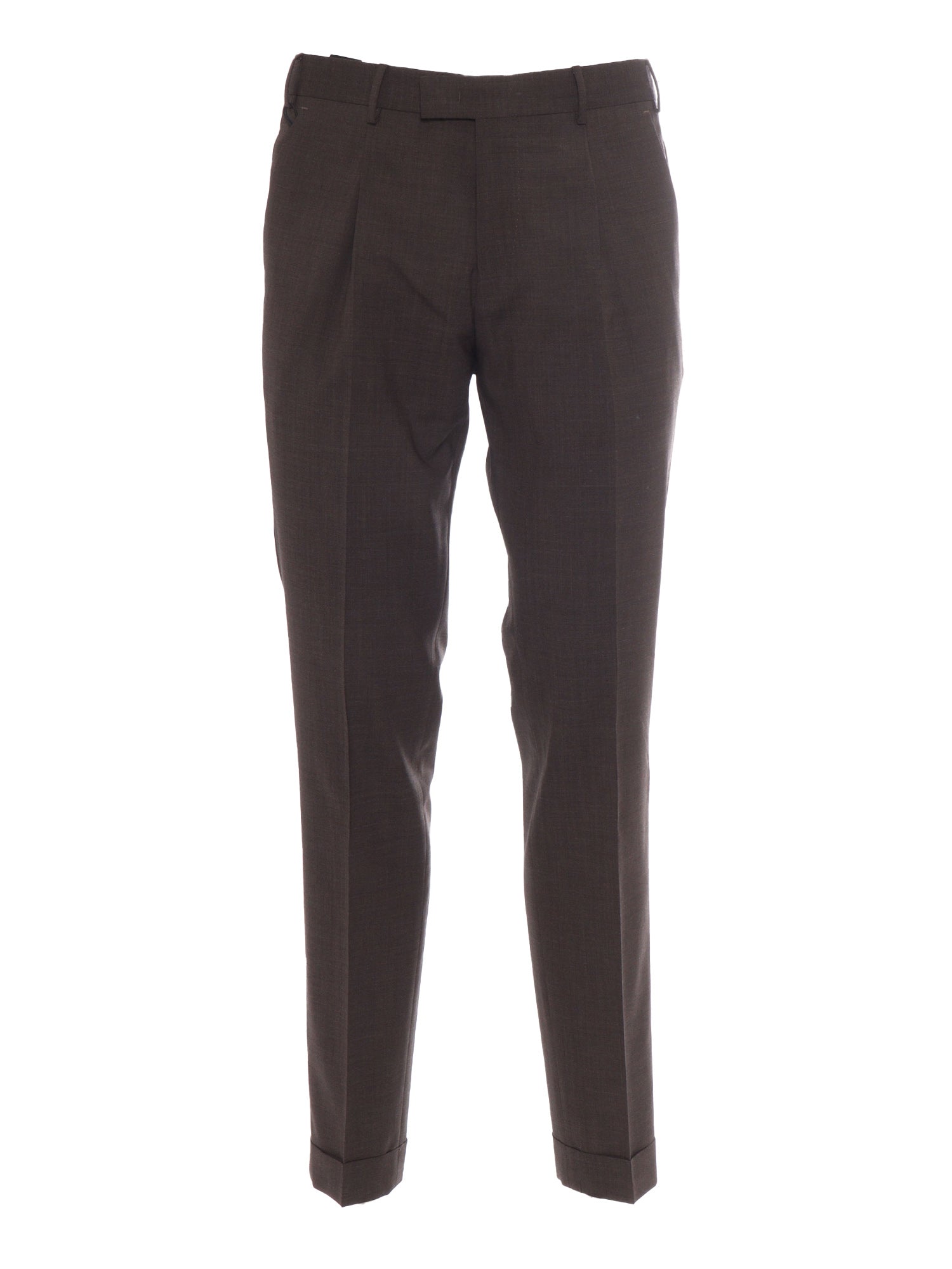 Trousers - MASTER, 1 Pleat, Diagonal Pockets, Flap Back Turn-Up Brown Virgin Wool Elastane Pant