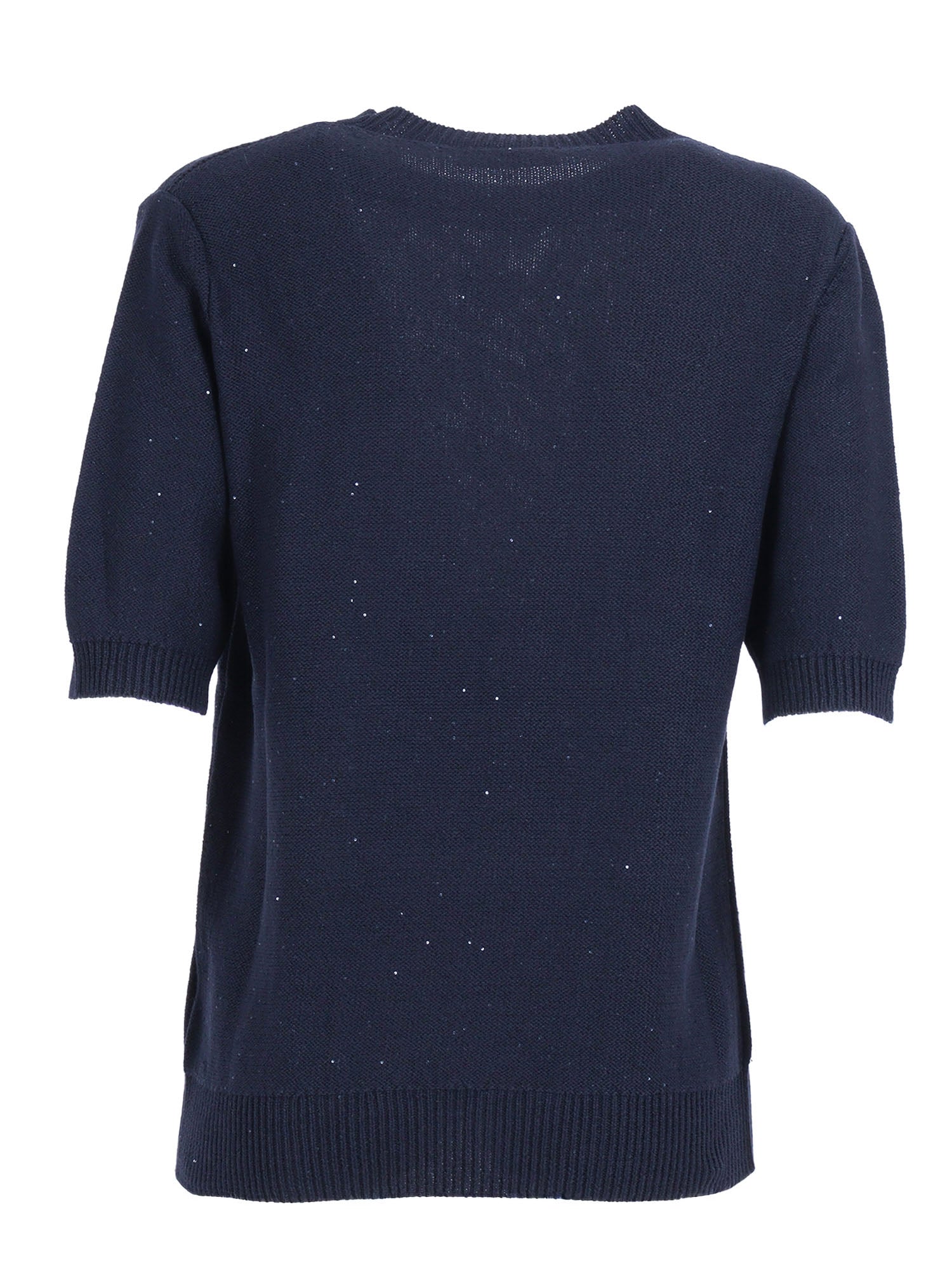 SEQUIN SHORT SLEEVE CREW NECK SWEATER Blue Cotton Linen Polyester Crewneck