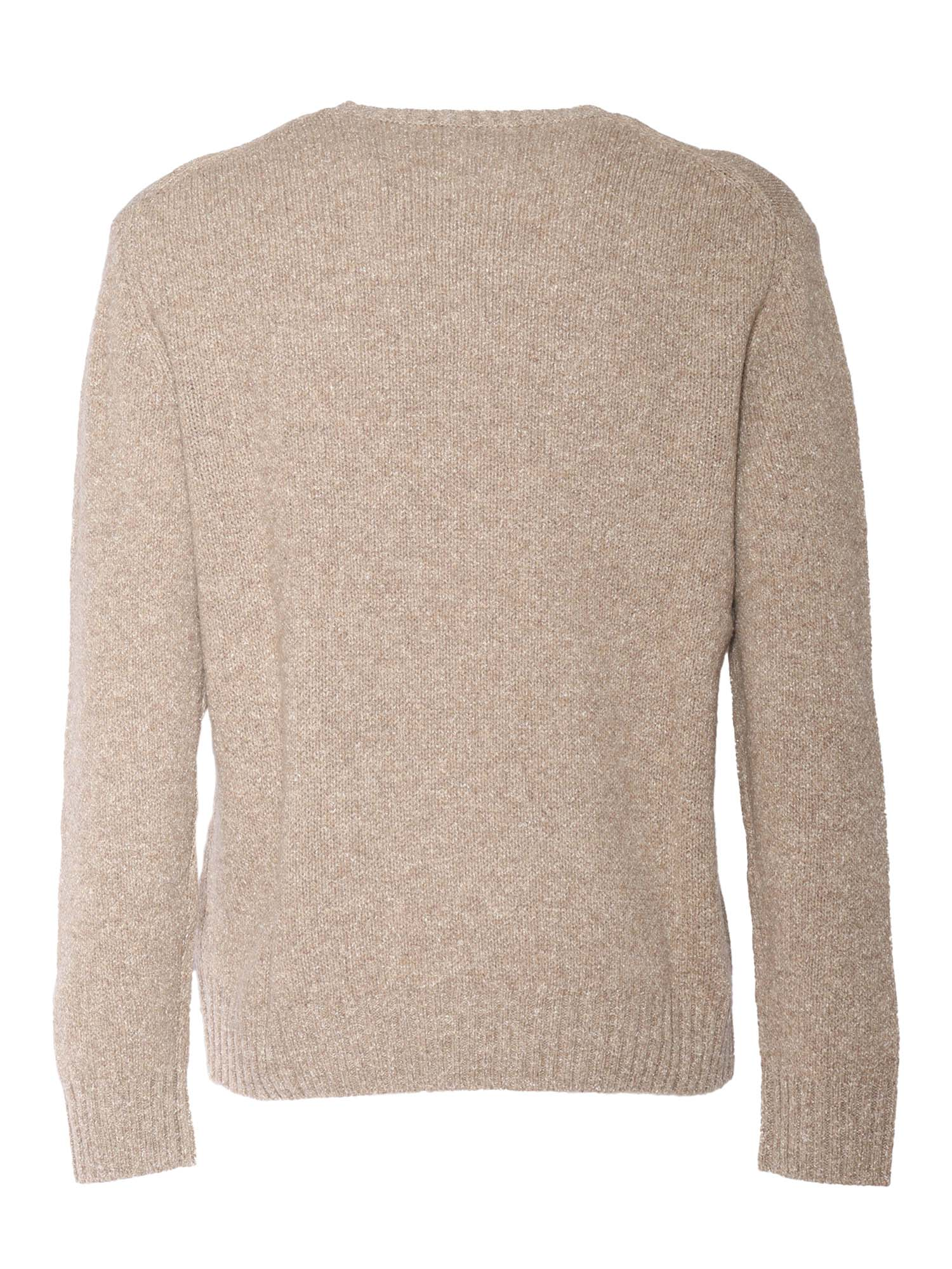 R Neck Pullover Beige Wool Silk Crewneck