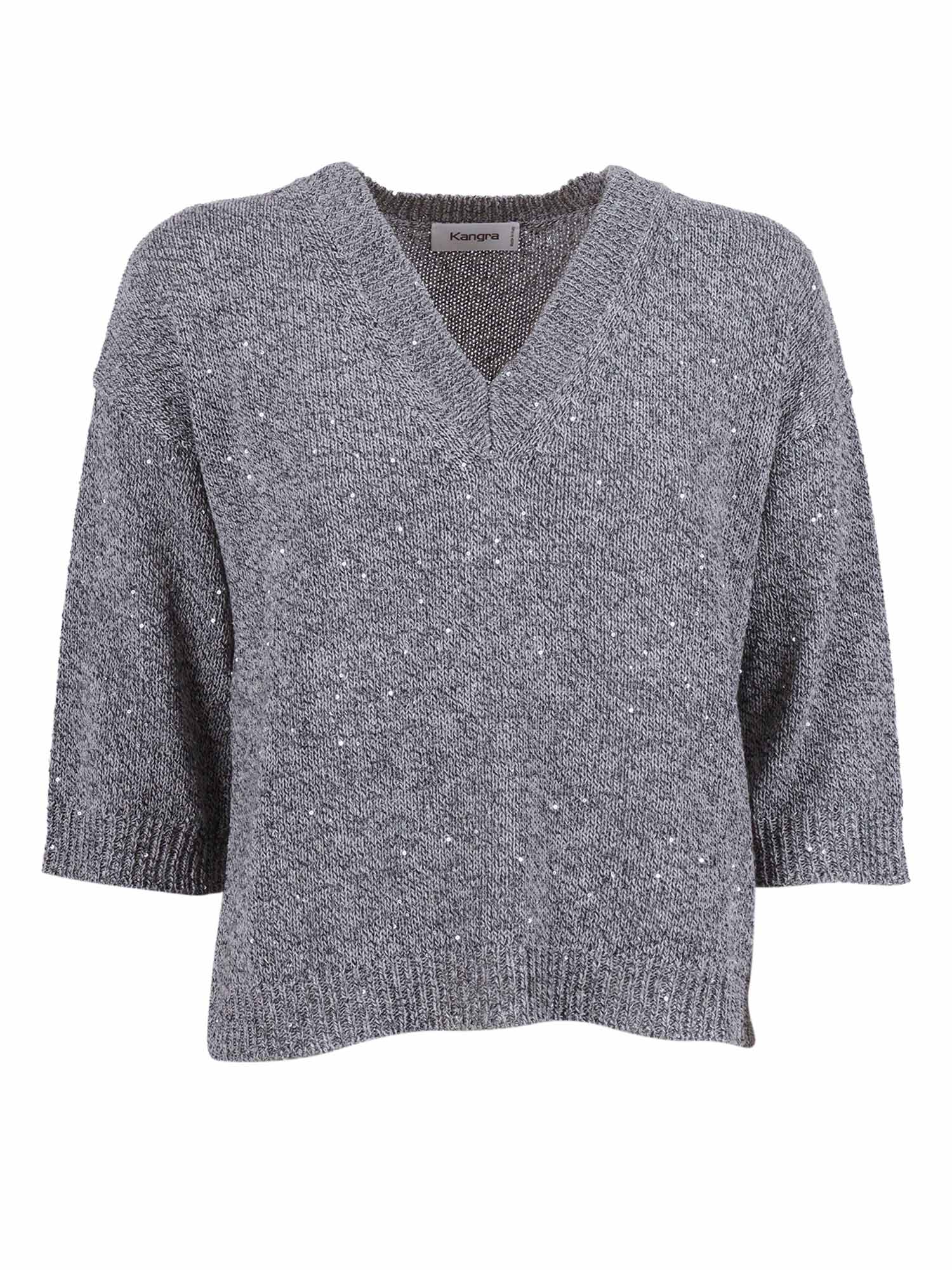 Sequined Sweater With Elbow-Length Sleeves Grey Crewneck