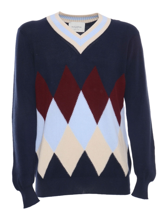 Blue colored checked sweater Cotton V Neck