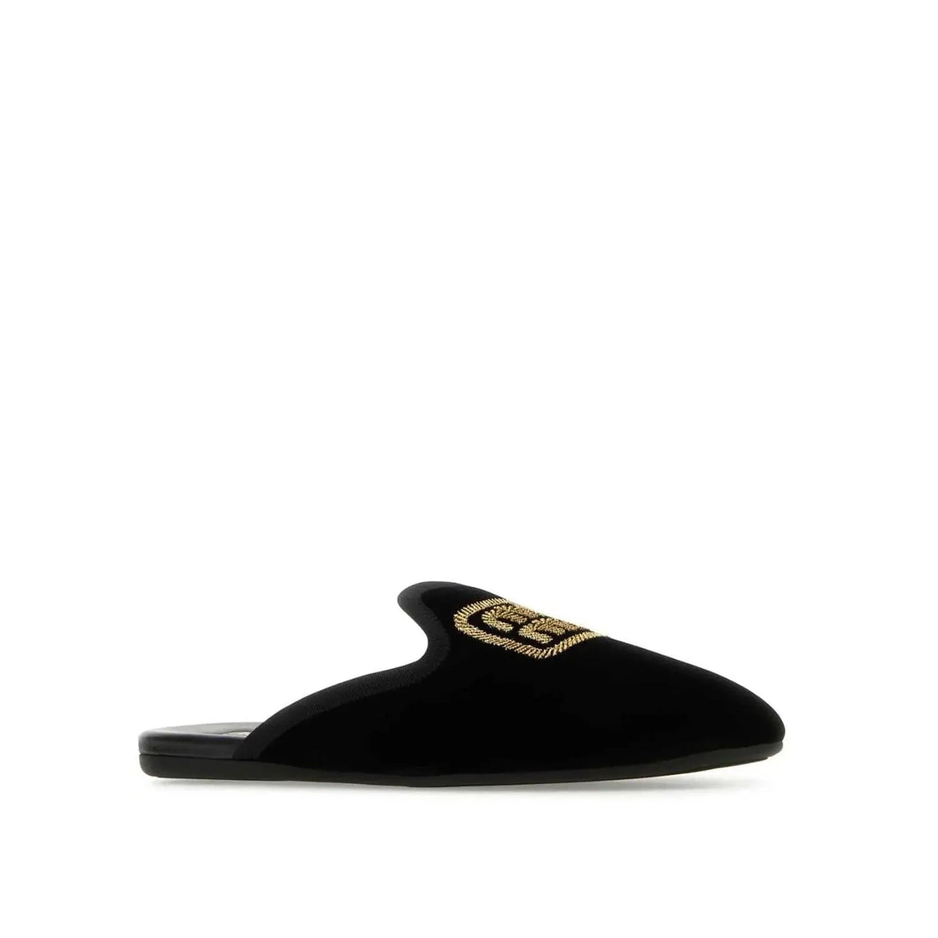 Logo Embroidered Slip-On Mules Black Calf Leather