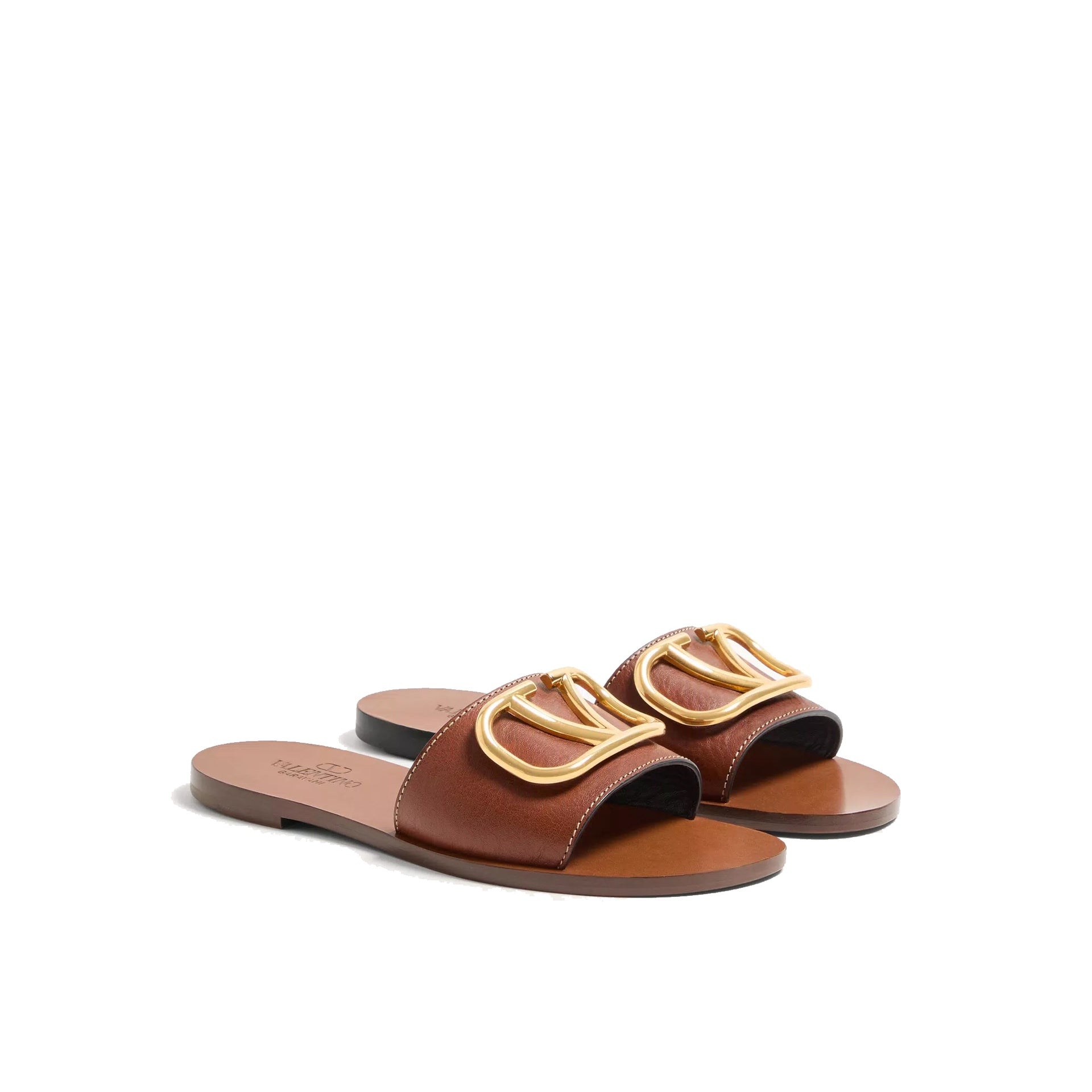 Valentino Garavani Vlogo Slide Sandals Brown Calf Leather
