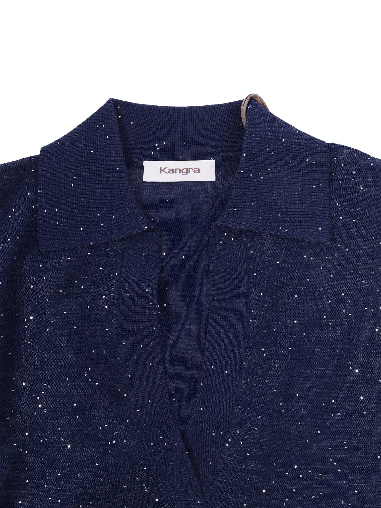Open-Front Short Sleeve Polo With Micro-Sequins Blue Shirt