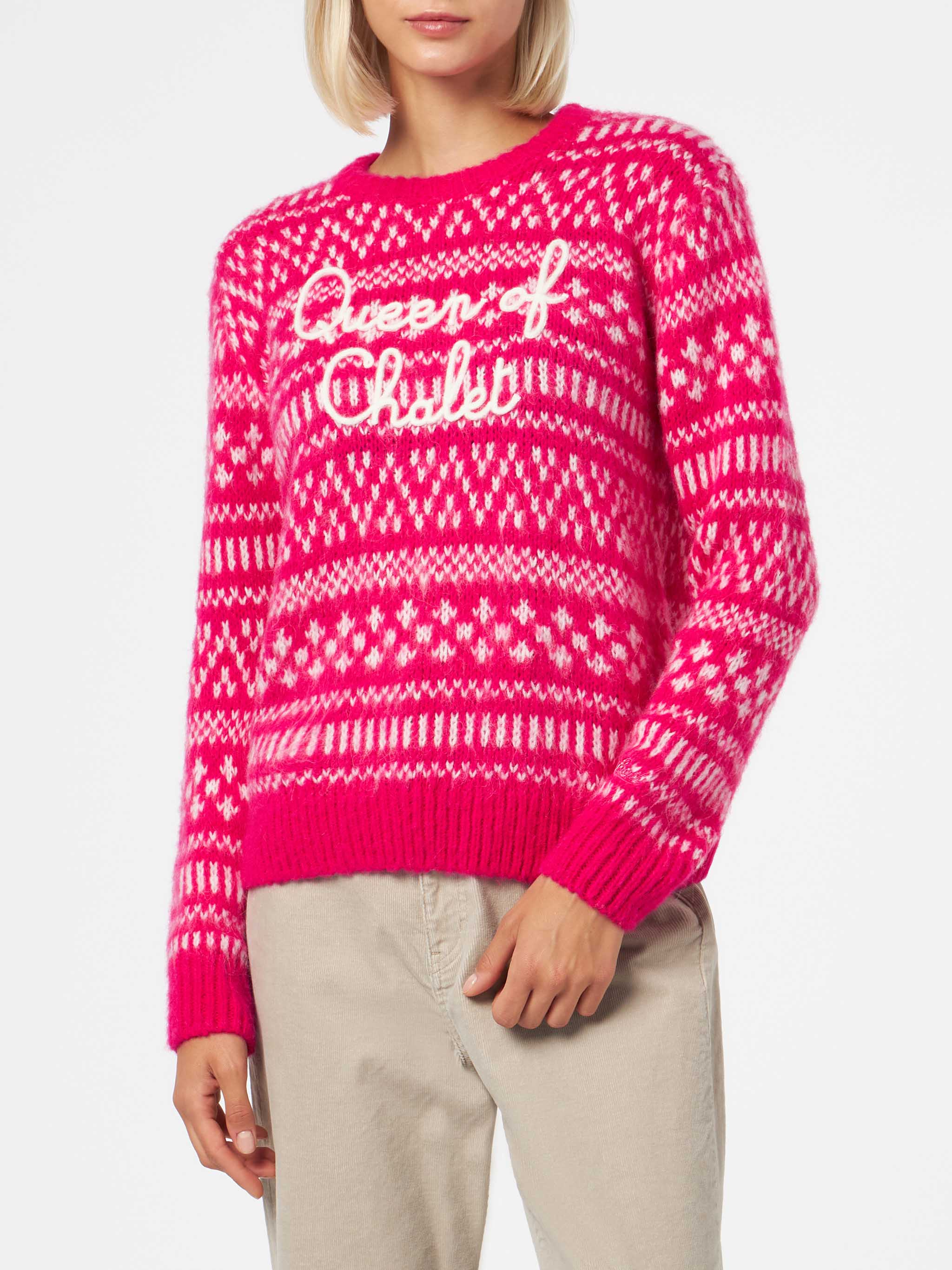 New Queen Fuchsia Sweater With Of Chalet Embroidery Pink