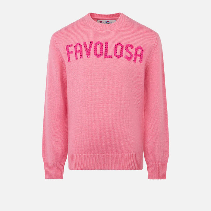 Girl Crewneck Pink Sweater With Favolosa Rhinestones Print