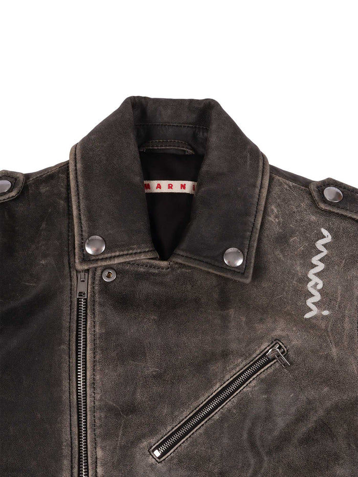 Jackets Black Goatskin Leather Short Puffer