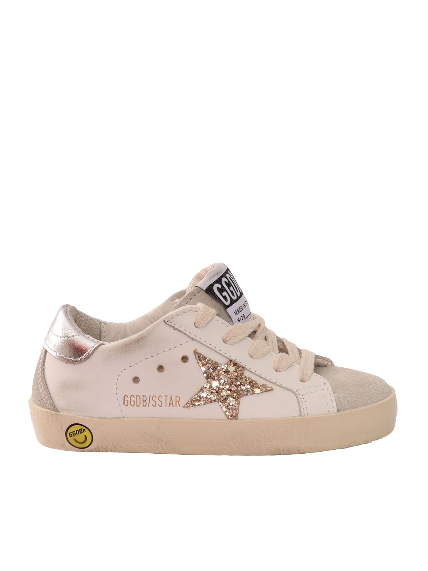 SUPER STAR LEATHER UPPER SUEDE TOE AND SPUR GLITTER LAMINATED HEEL White Kid Sneaker