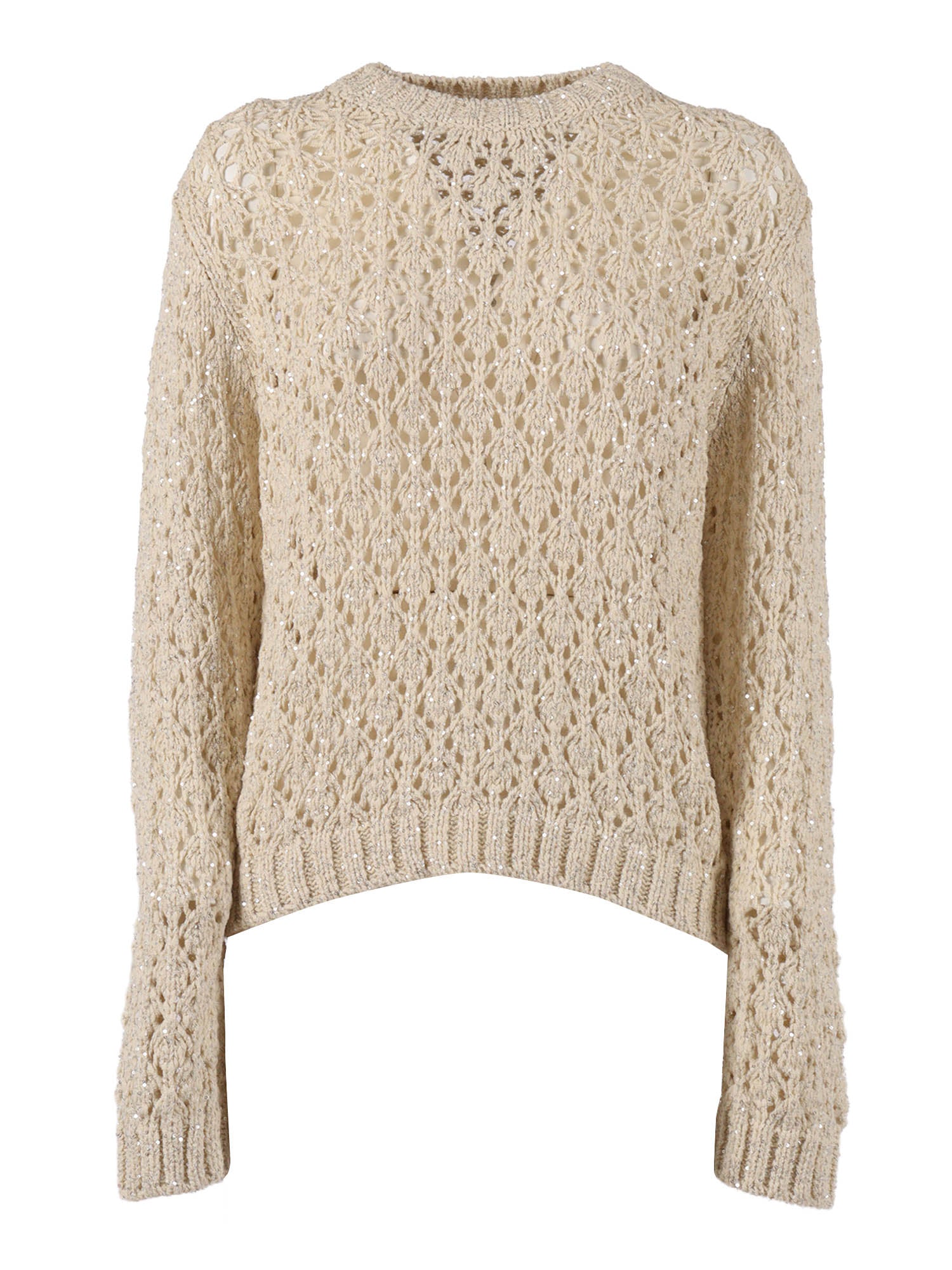 SEQUIN DIAMOND STITCH CREW NECK SWEATER Beige Cotton Polyamide Polyester Crewneck