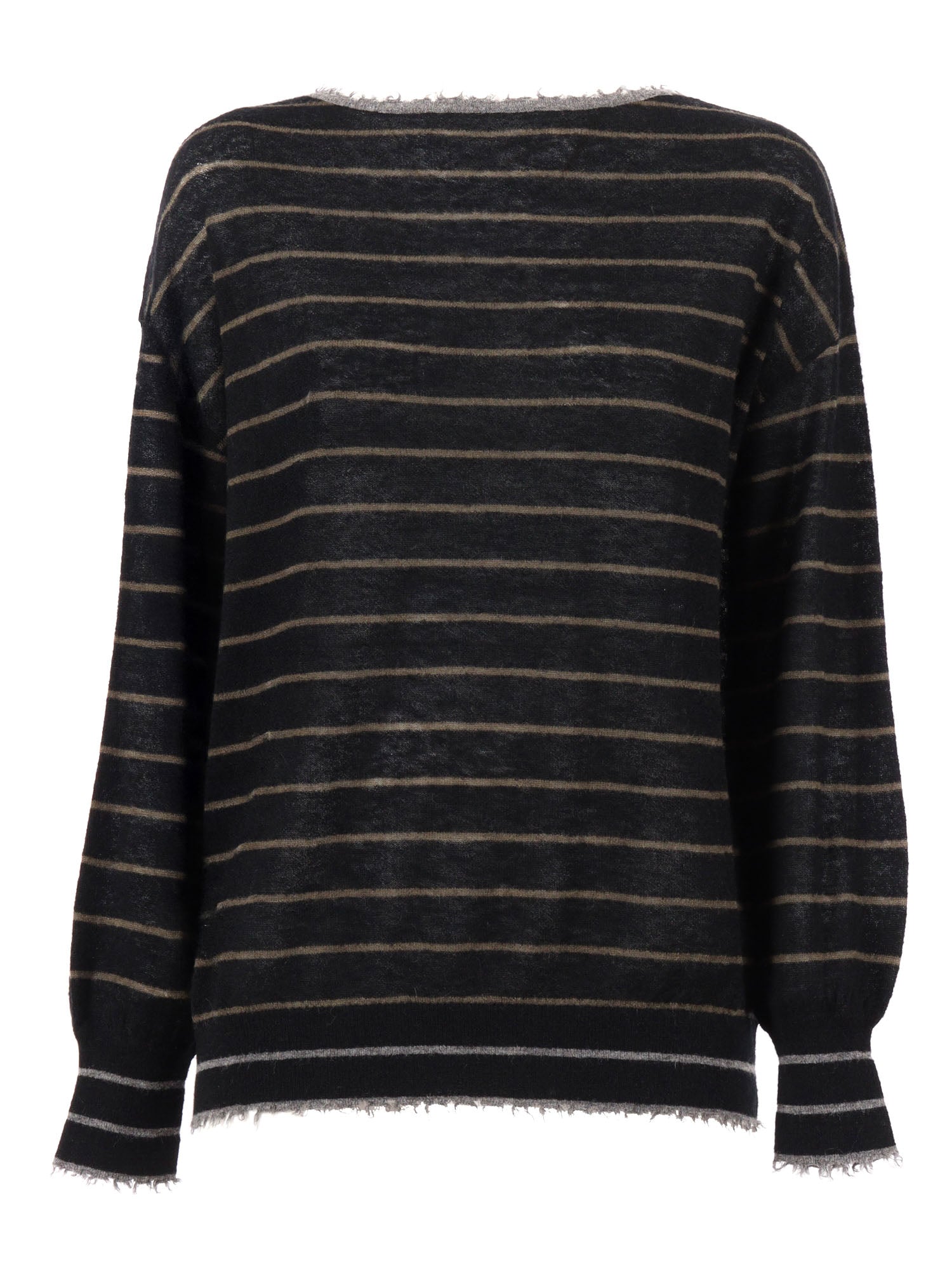 Boat Neck Sweater With Fringed Details Black Wool Polyamide Alpaca Crewneck