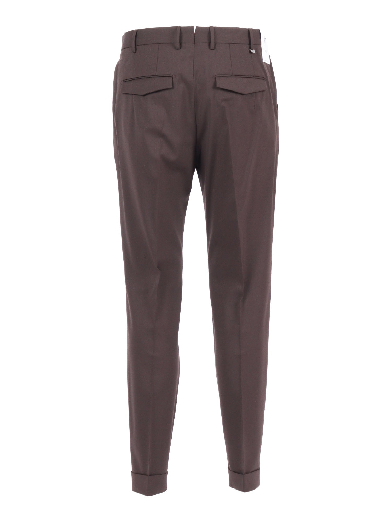 MASTER, 1 Pleat, Diagonal Pockets, Flap Back Turn-Up Brown Virgin Wool Elastane Pant
