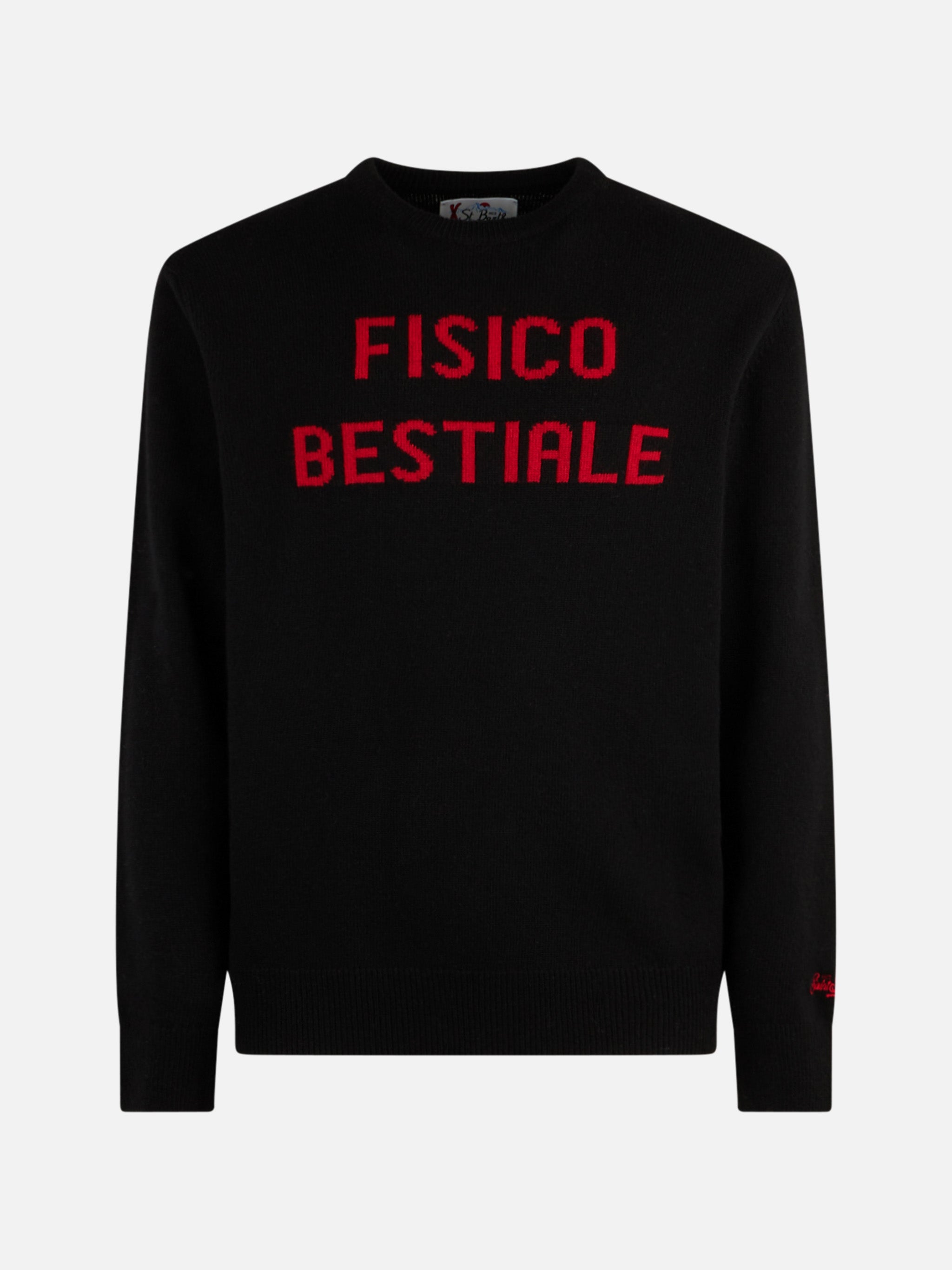 Blended Wool Crewneck With Fisico Bestiale Jacquard Print Black