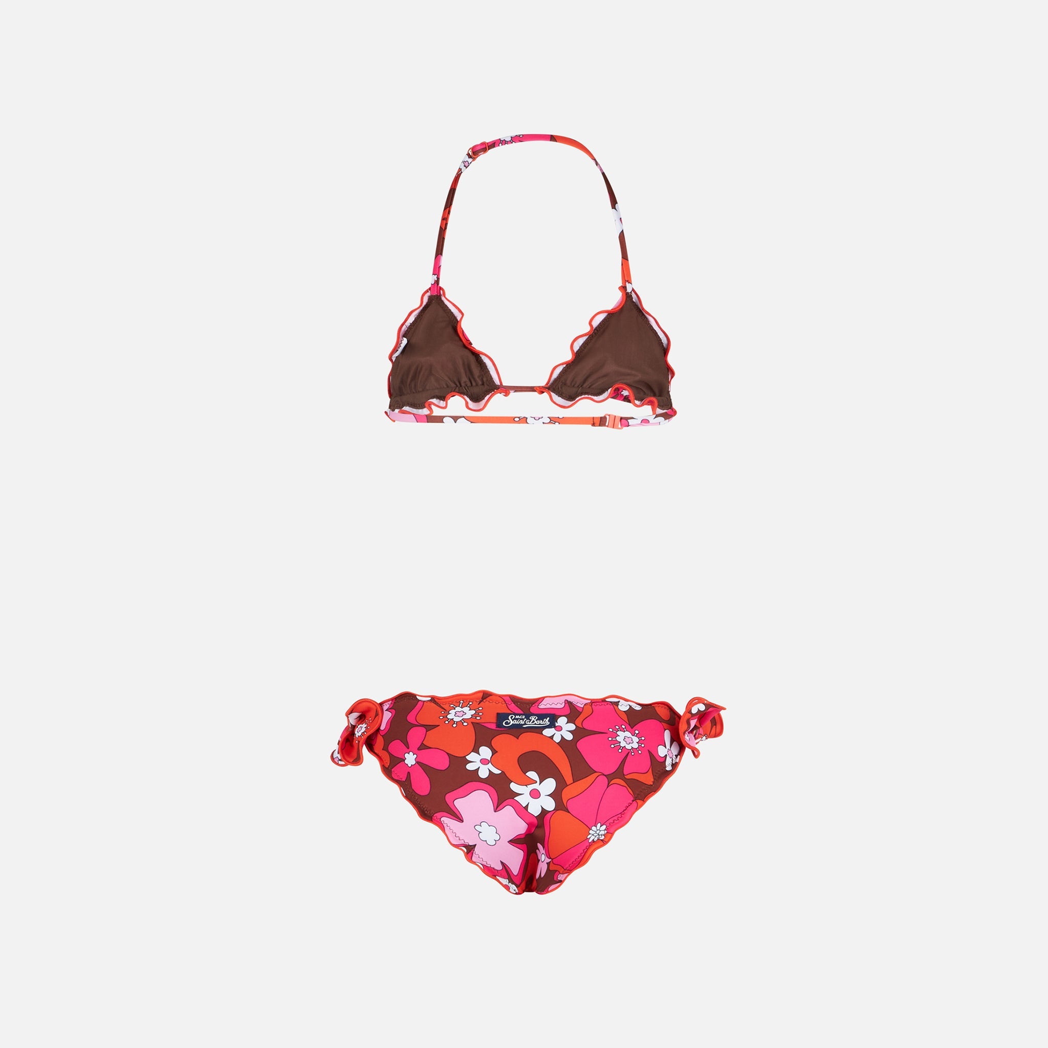 Girl Triangle Bikini With Flowers Print Brown