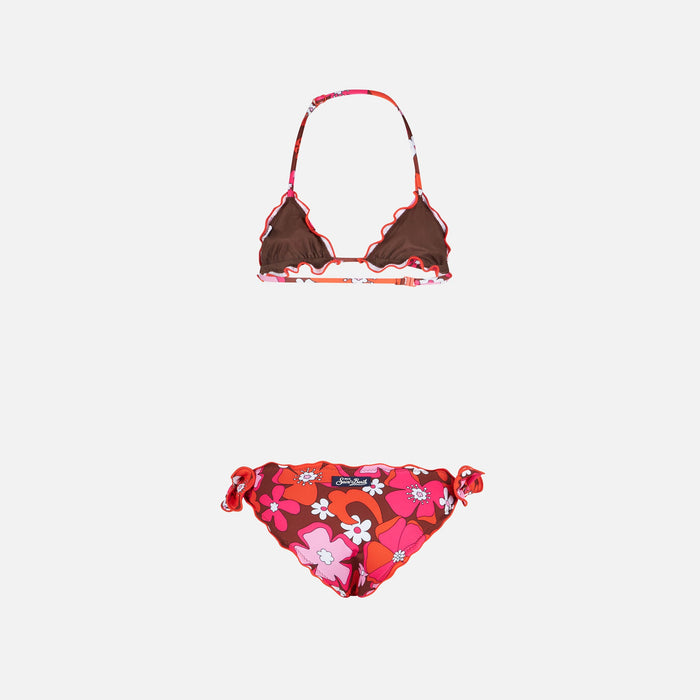 Girl Triangle Bikini With Flowers Print Brown