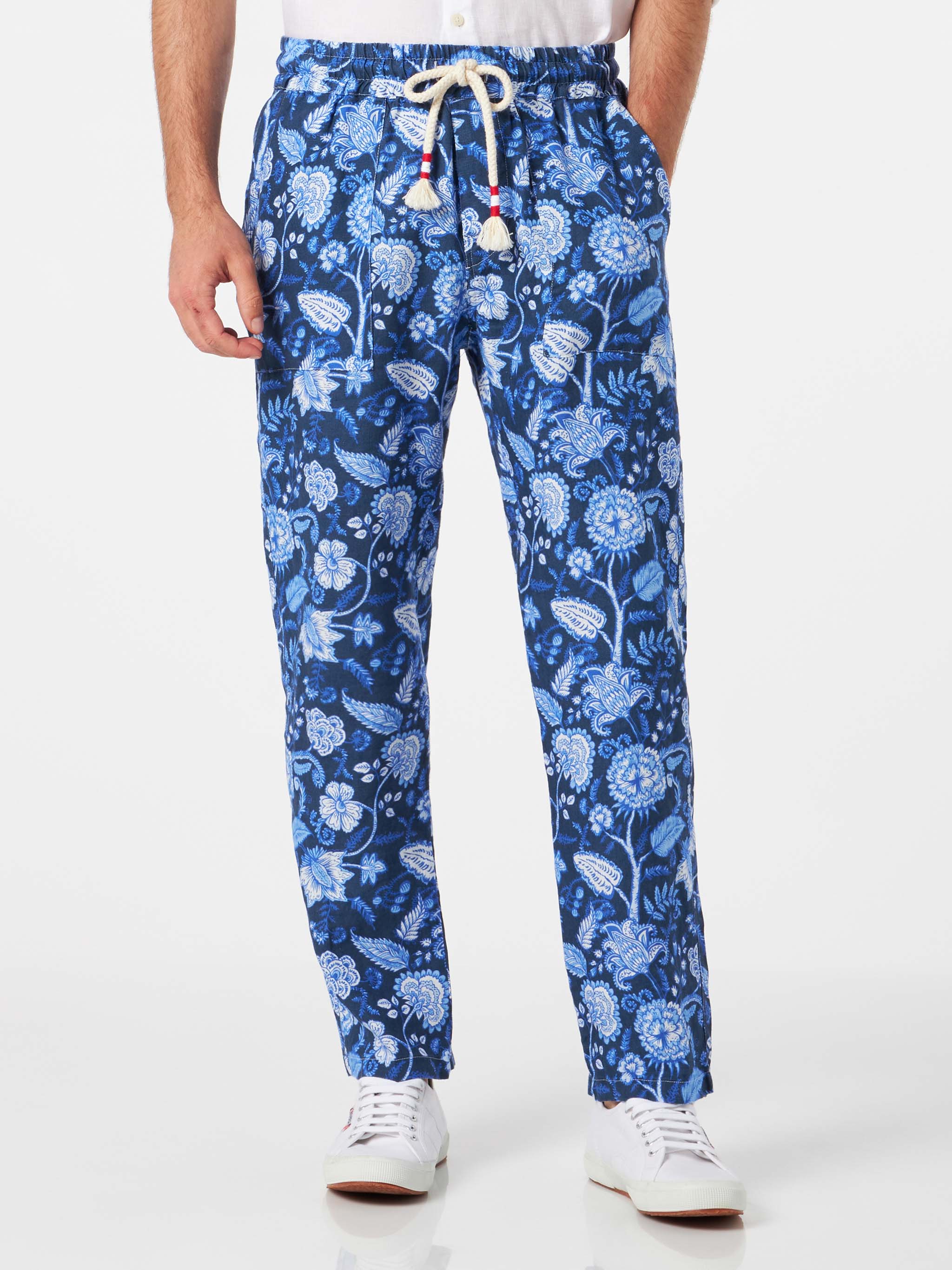Man Floreal Print Linen Pants Blue