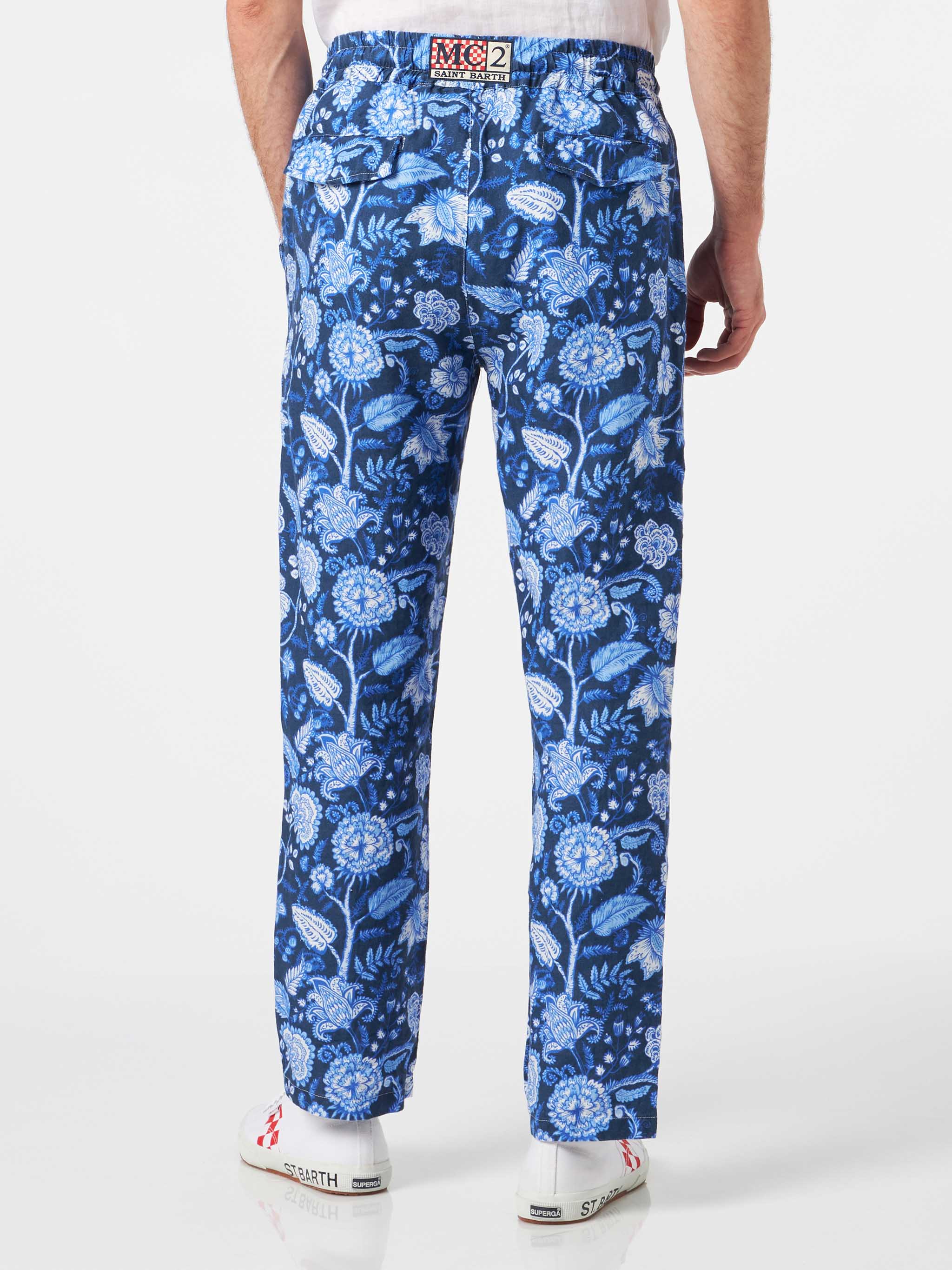 Man Floreal Print Linen Pants Blue