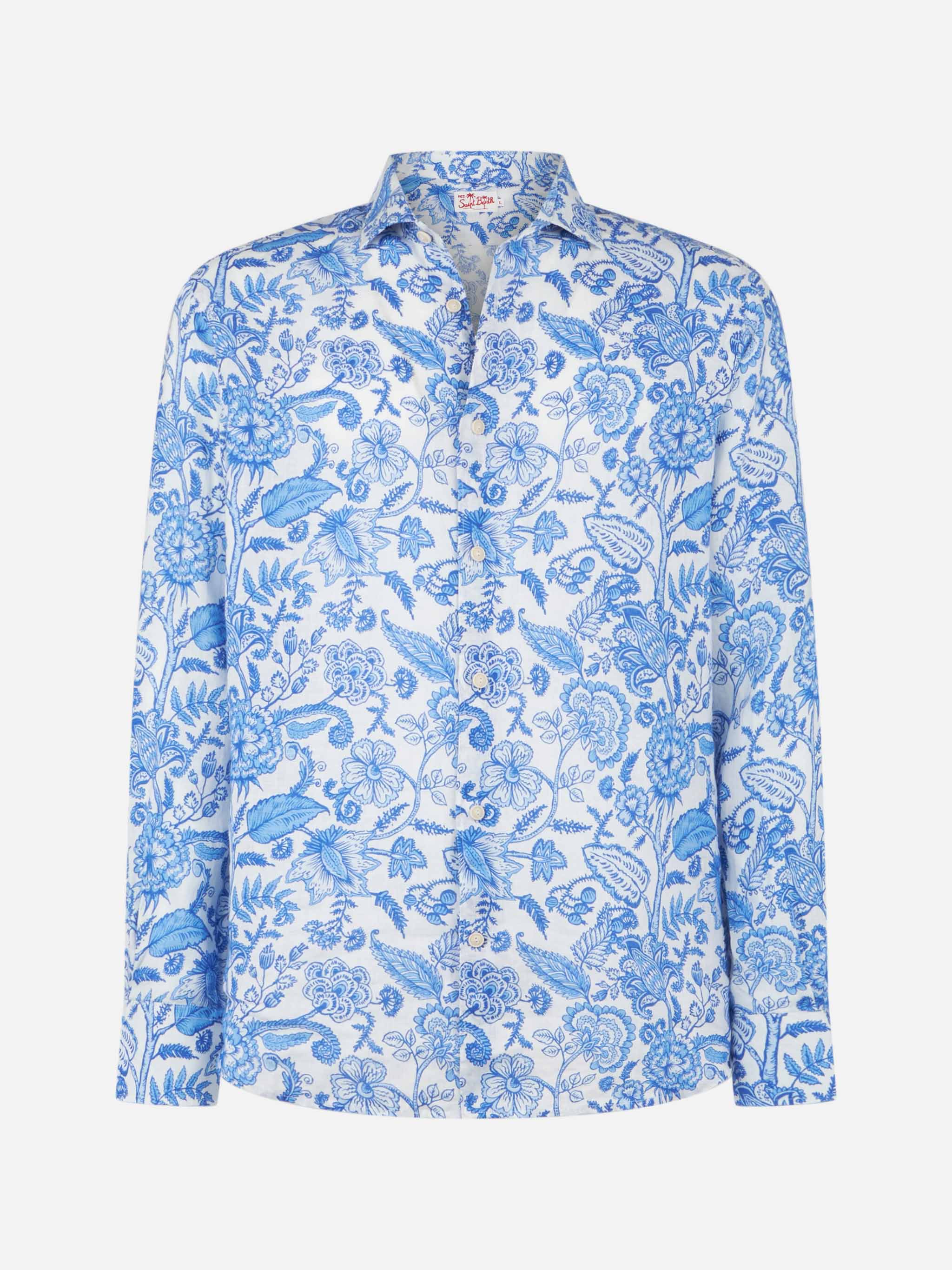 Man Linen Pamplona Shirt With Flower Print White