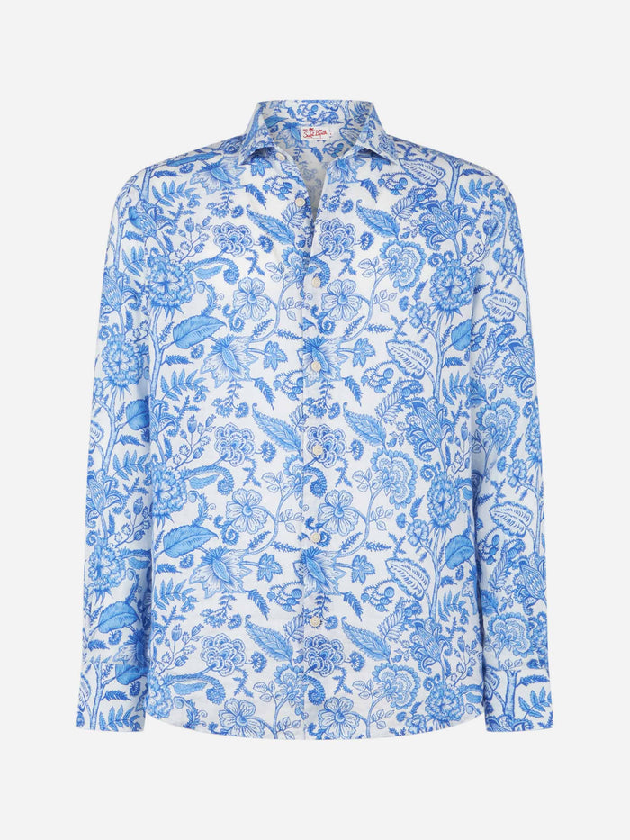 Man Linen Pamplona Shirt With Flower Print White
