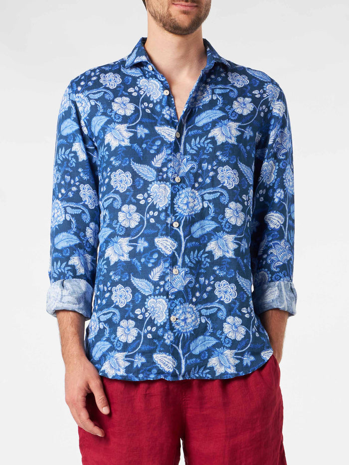 Man Linen Pamplona Shirt With Flower Print Blue