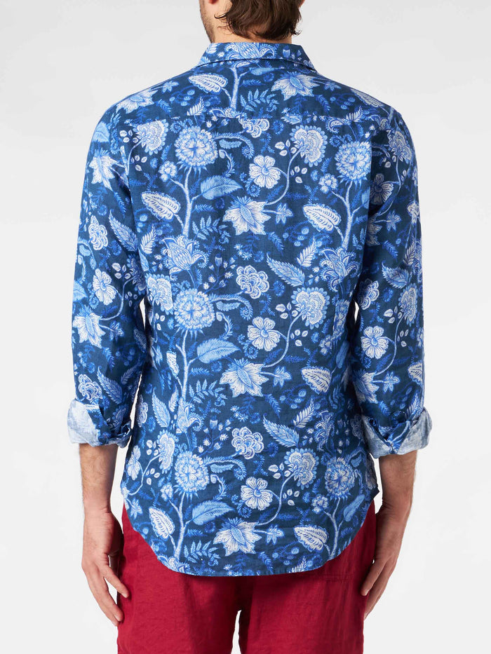 Man Linen Pamplona Shirt With Flower Print Blue