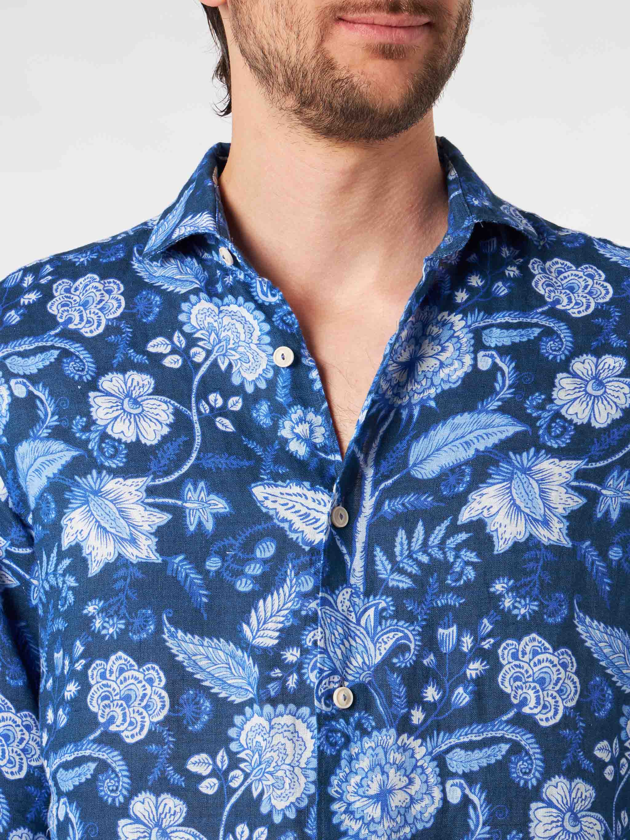 Man Linen Pamplona Shirt With Flower Print Blue