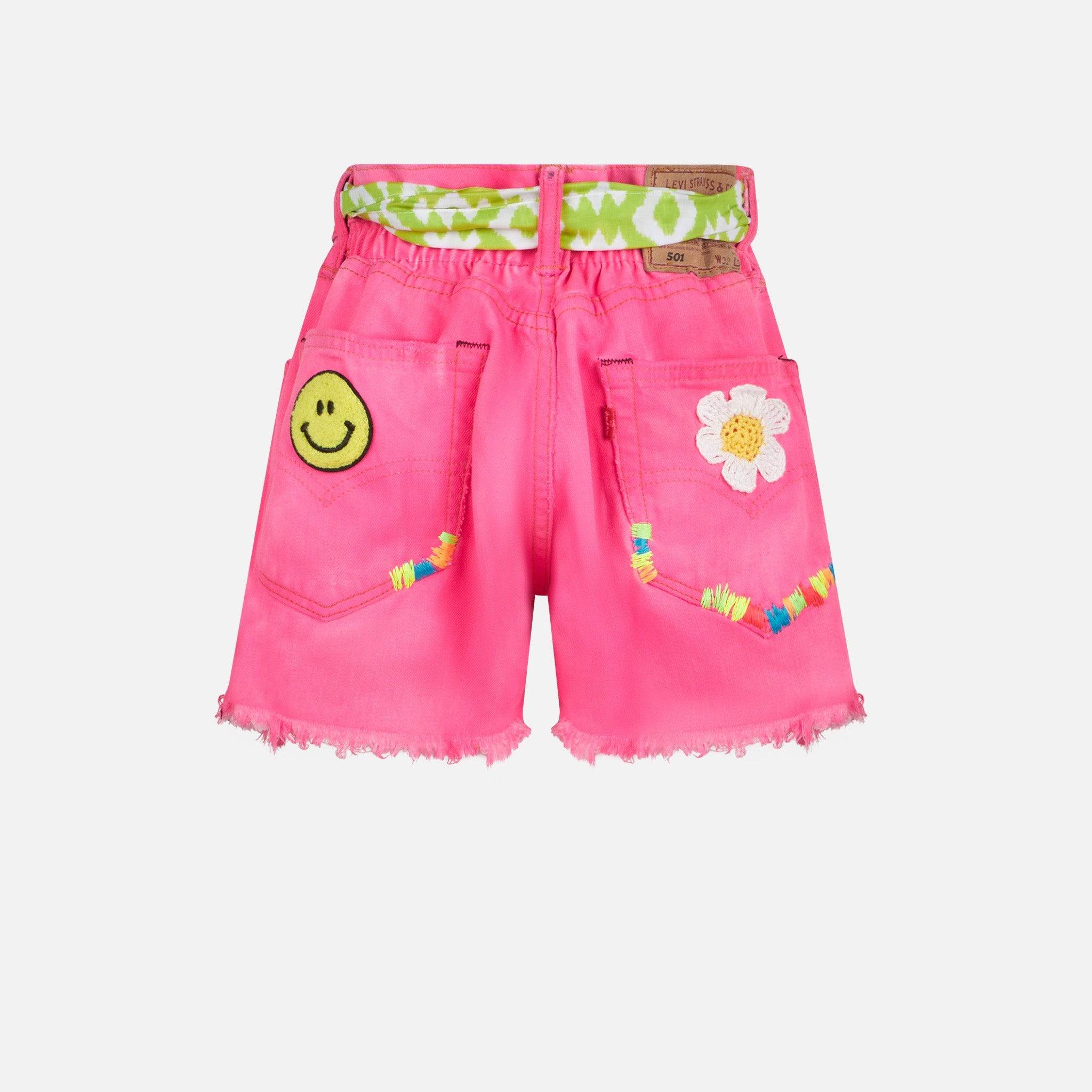 Girl Fluo Pink Upcycled Denim Shorts With Embroidery Pant