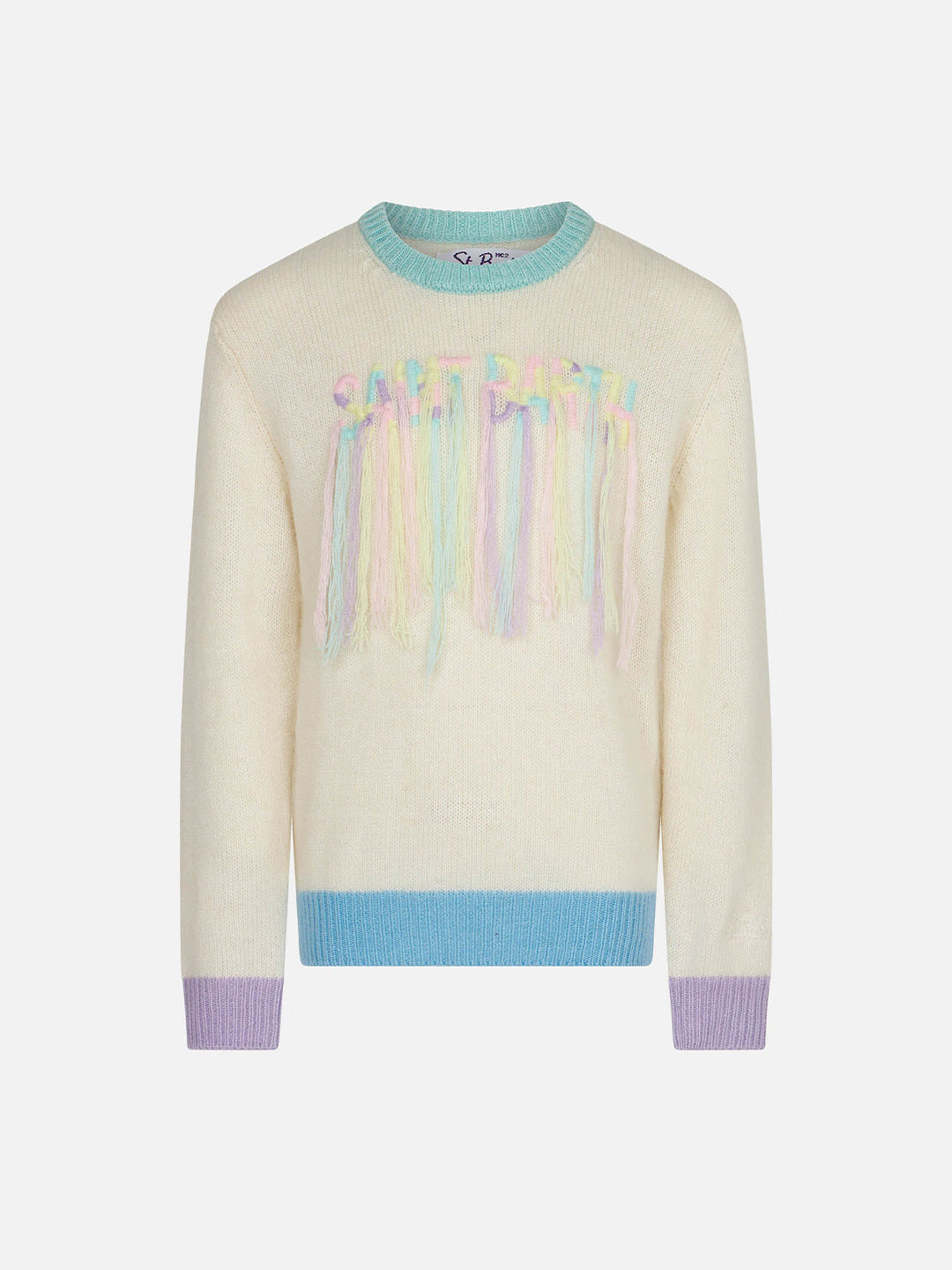 Brushed Creweneck With Fringed Embroidery White Knitwear
