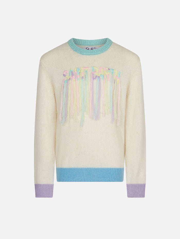 Brushed Creweneck With Fringed Embroidery White Knitwear